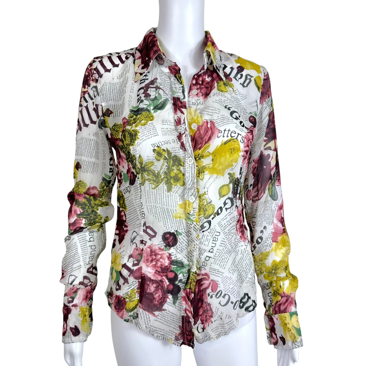 Galliano Gazette Floral News Print Silk Blouse