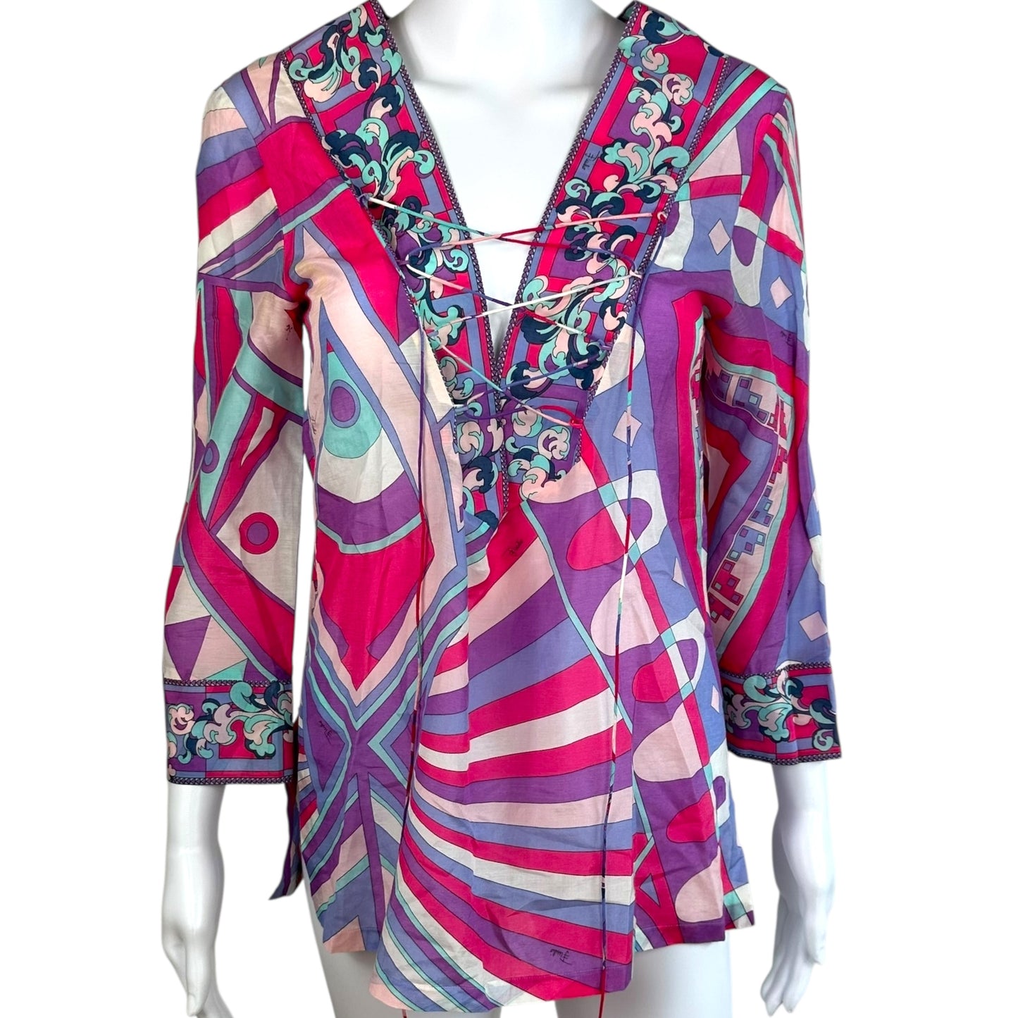 Emilio Pucci Pink & Purple Printed Lace Up Sheer Blouse Top