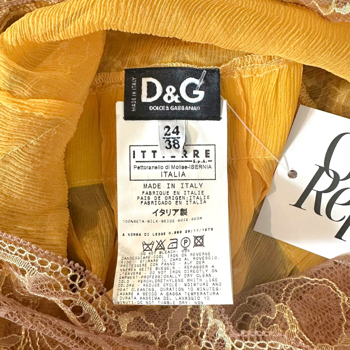 Dolce & Gabbana Gold Sheer Silk Blouse with Taupe Lace