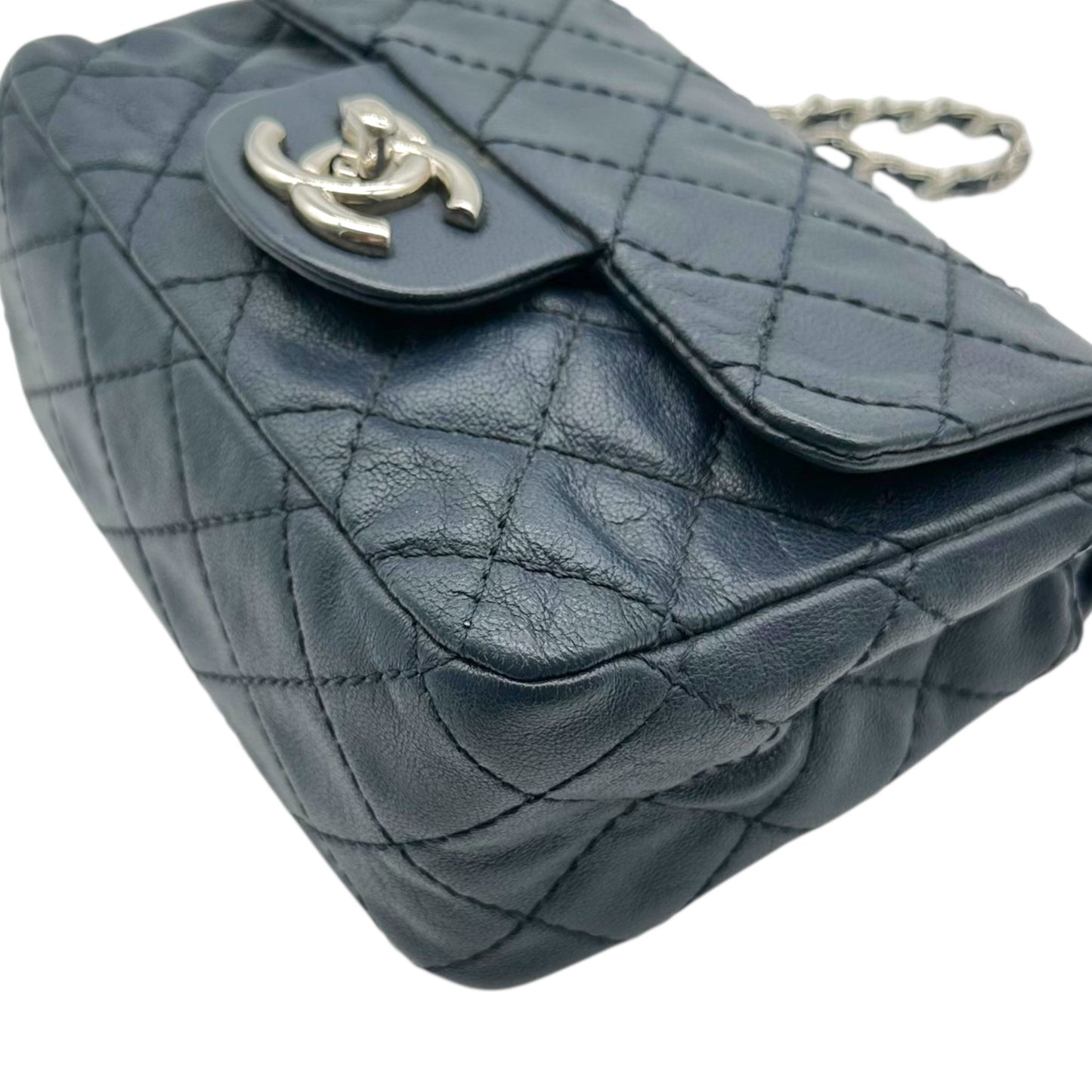 Chanel Navy Blue & Silver Mini Square Flap Crossbody Bag