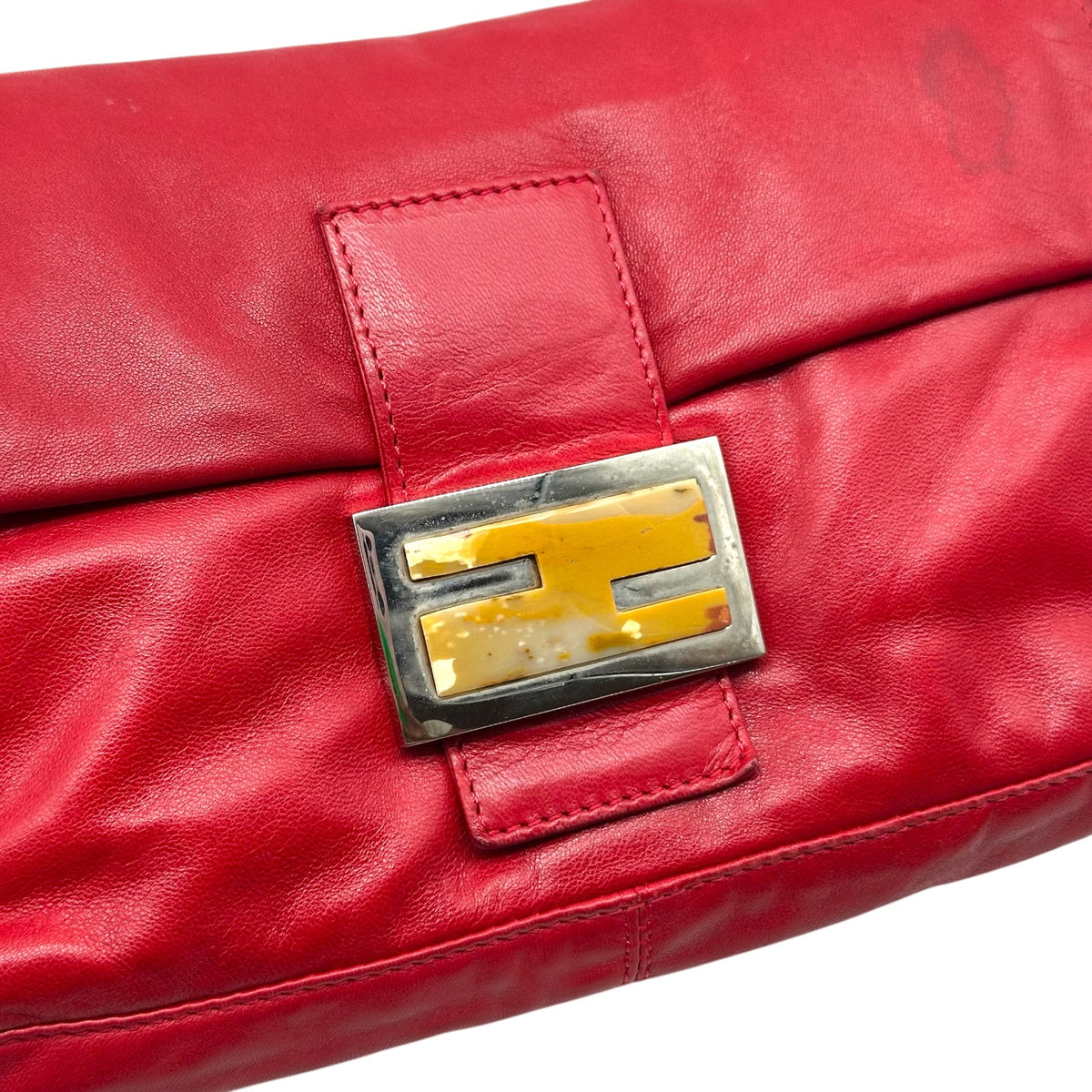 Fendi Red Leather Baguette Shoulder Bag with Yellow Stone