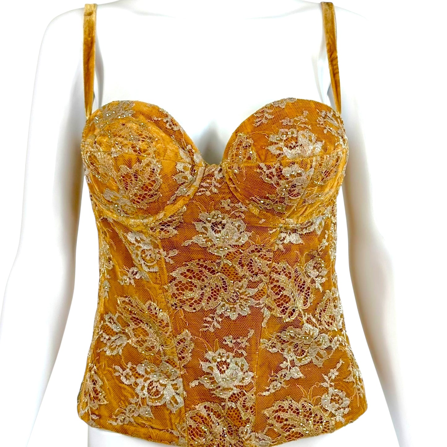 St. John Couture Gold Lace & Crystal Padded Bustier Top