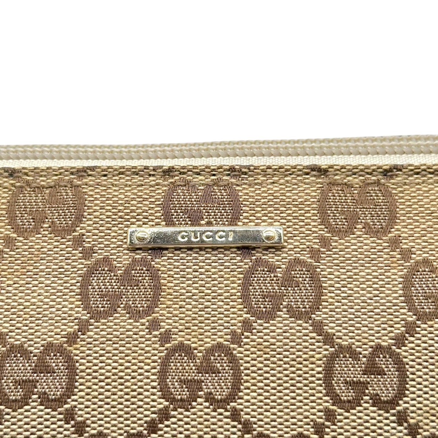Gucci Tan Monogram & Ivory Leather Boat Pochette Bag