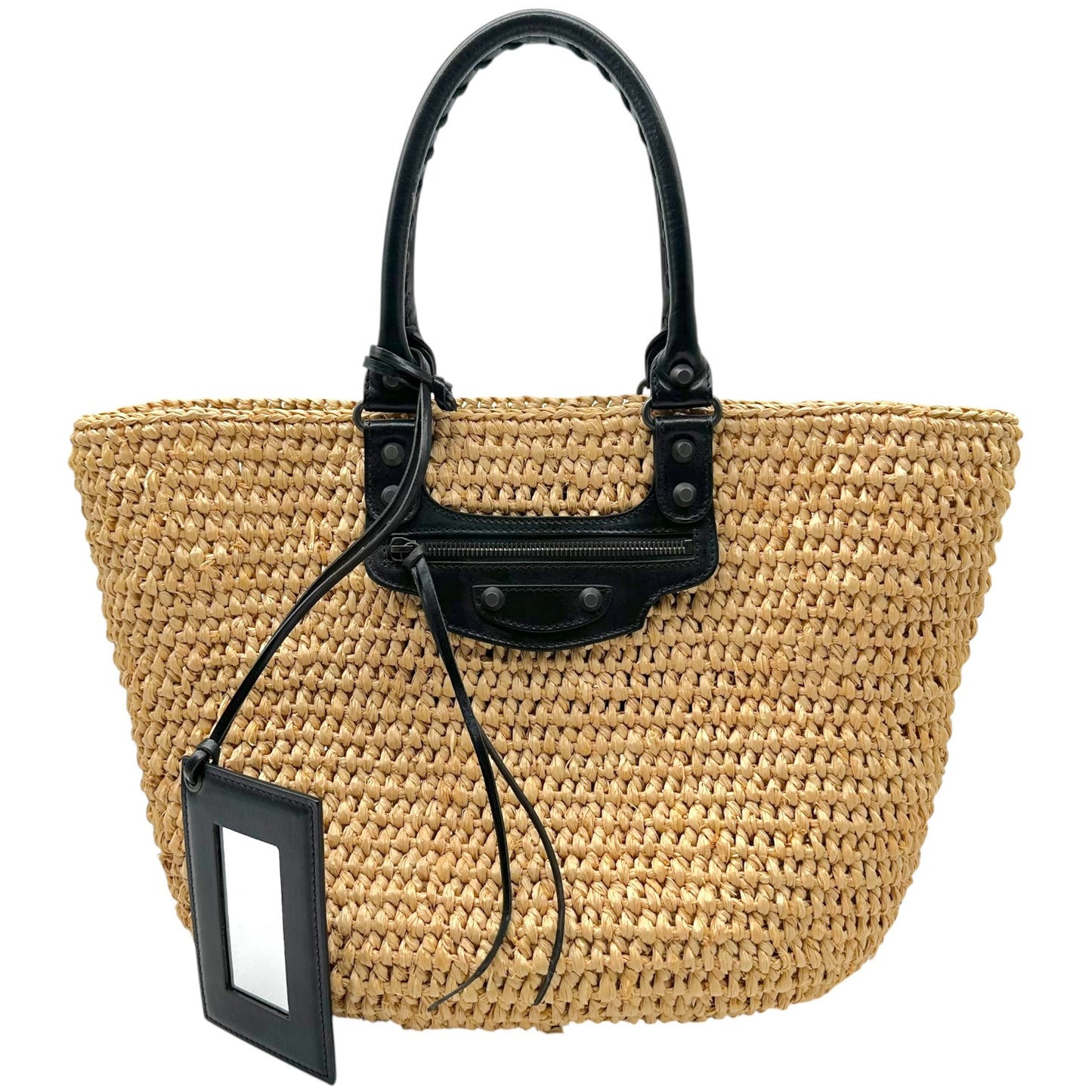 Balenciaga Beach Tote Bag Raffia Black Leather
