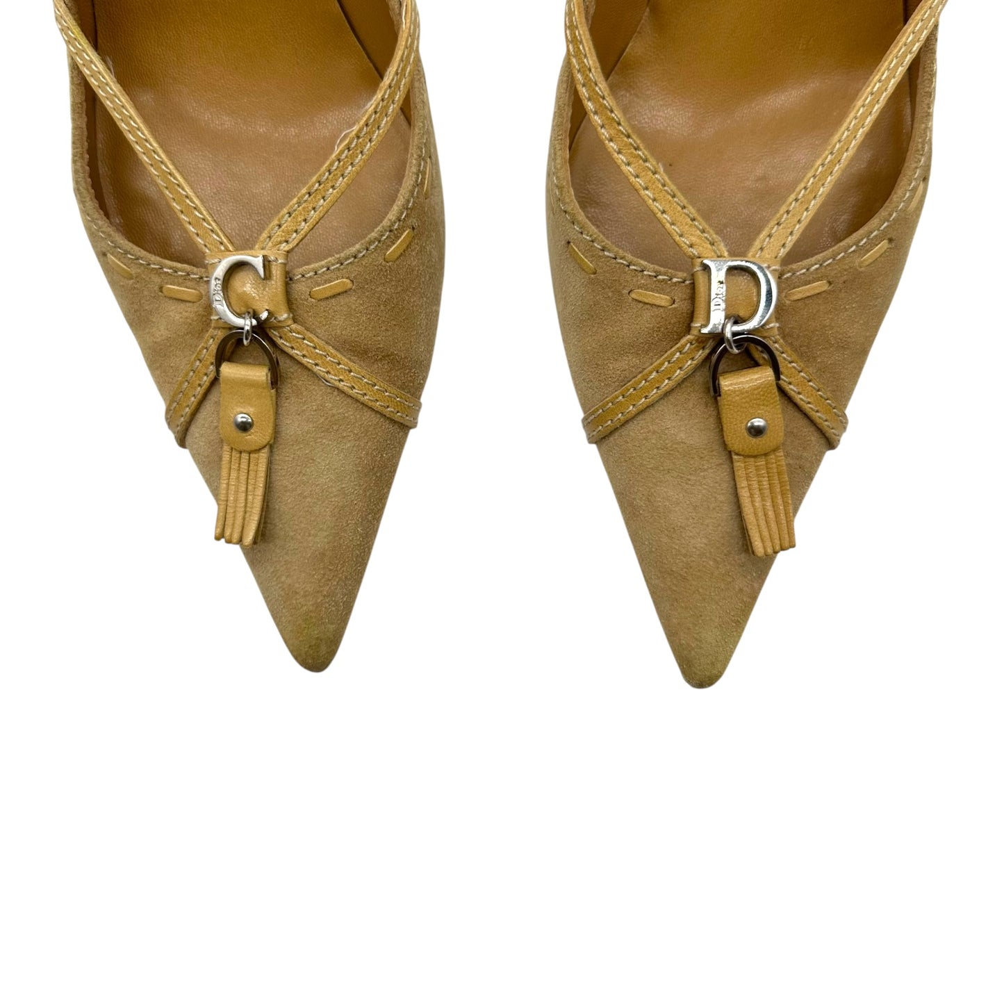 Christian Dior Tan Suede CD Logo Pointed Toe Heels