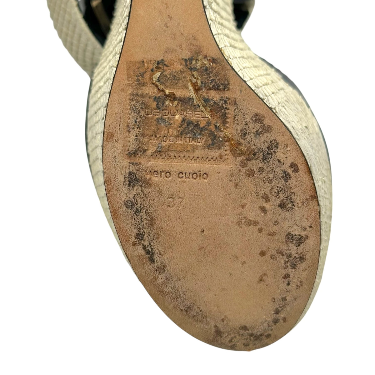 Dsquared2 Ivory Snakeskin Black Leather Platform Wedge Sandals