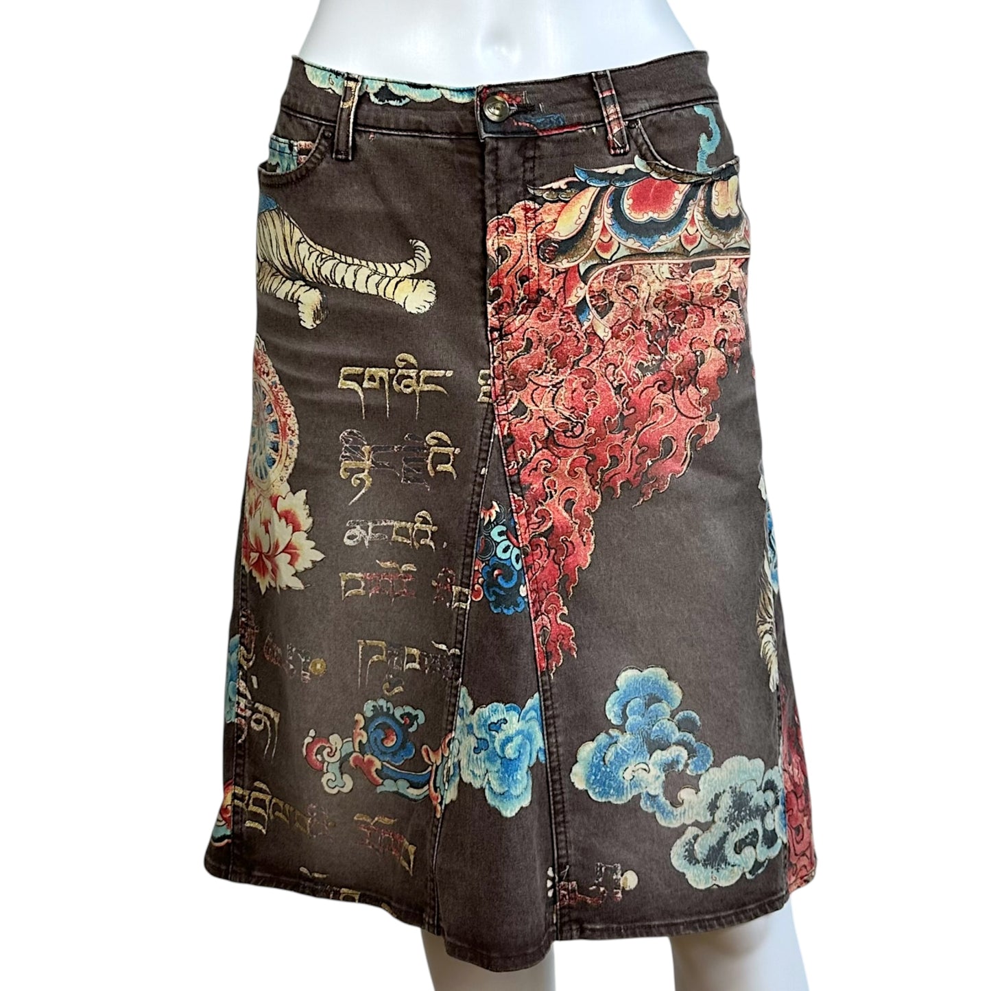 Just Cavalli Roberto Cavalli Asian Inspired Printed Denim Midi Skirt