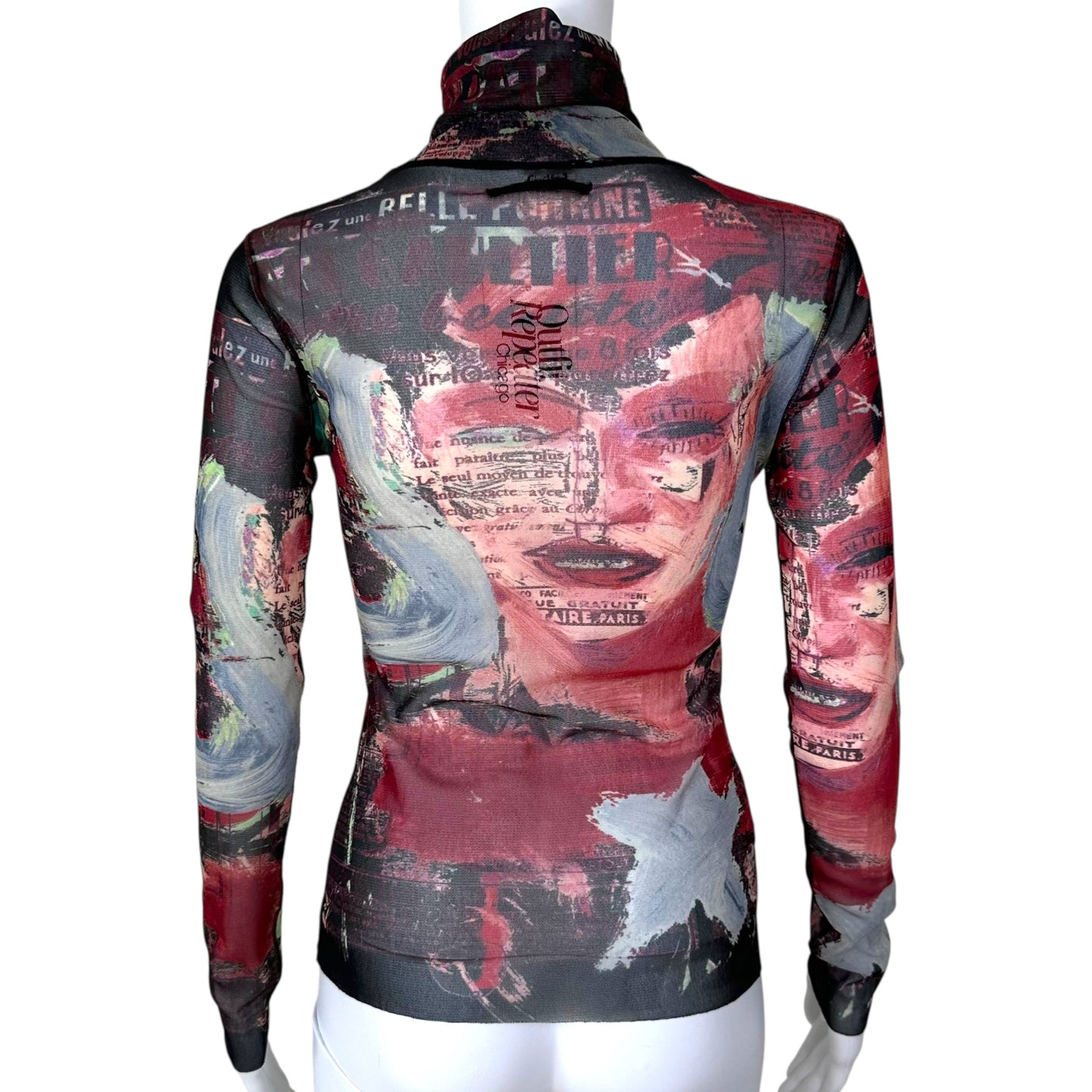 Jean Paul Gaultier Multicolor Face Print Mesh Turtleneck Top