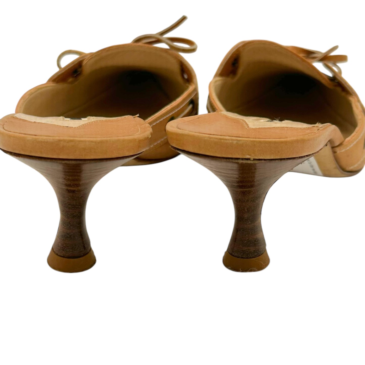 Manolo Blahnik Tan Boat Shoe Pointed Toe Kitten Heel Mules