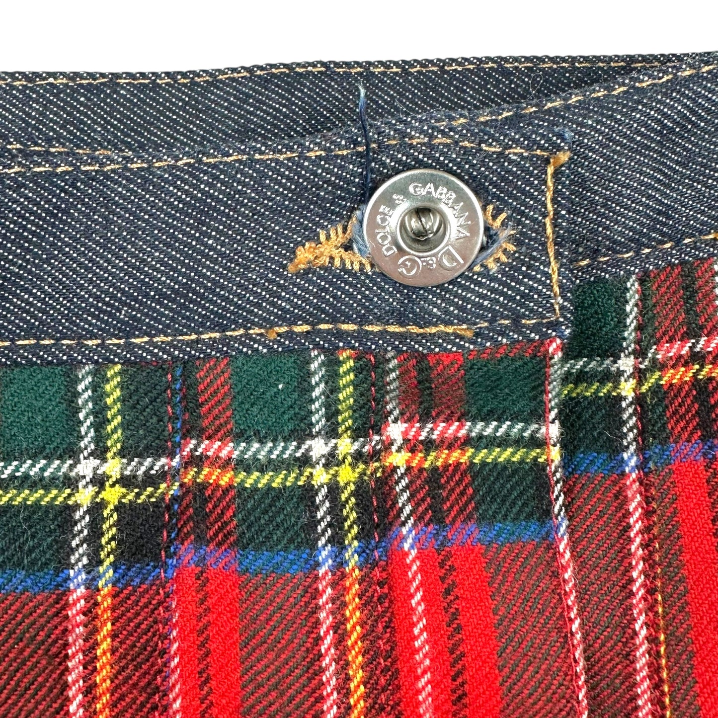 D&G Dolce & Gabbana Red Wool Plaid & Denim Pleated Micro Mini SKirt