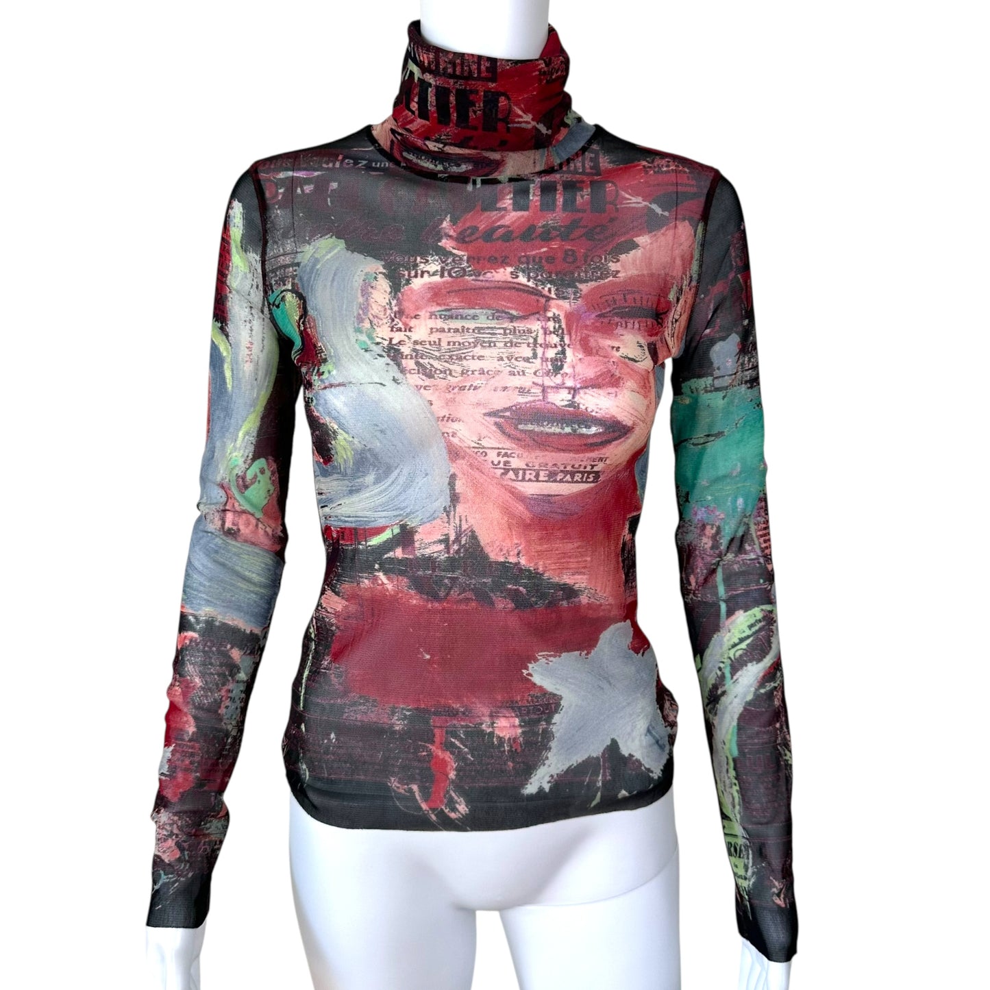 Jean Paul Gaultier Multicolor Face Print Mesh Turtleneck Top