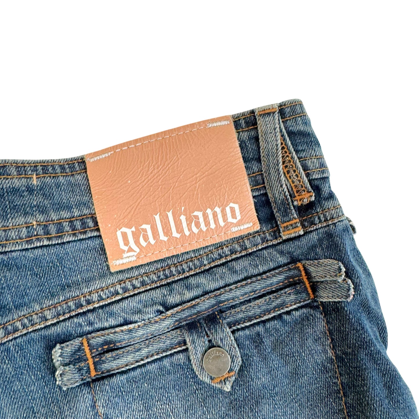 Galliano Gazette Print Pocket Dark Wash Denim Mini Shorts