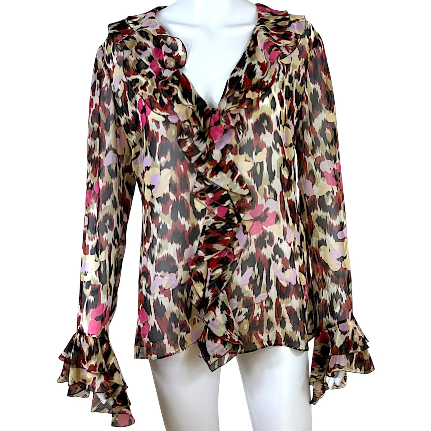 Roberto Cavalli Multicolor Flutter Sleeve Sheer Silk Blouse