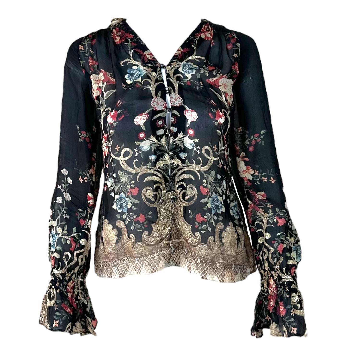 Roberto Cavalli 2006 Black Floral Print Ruffle Trim Silk Blouse
