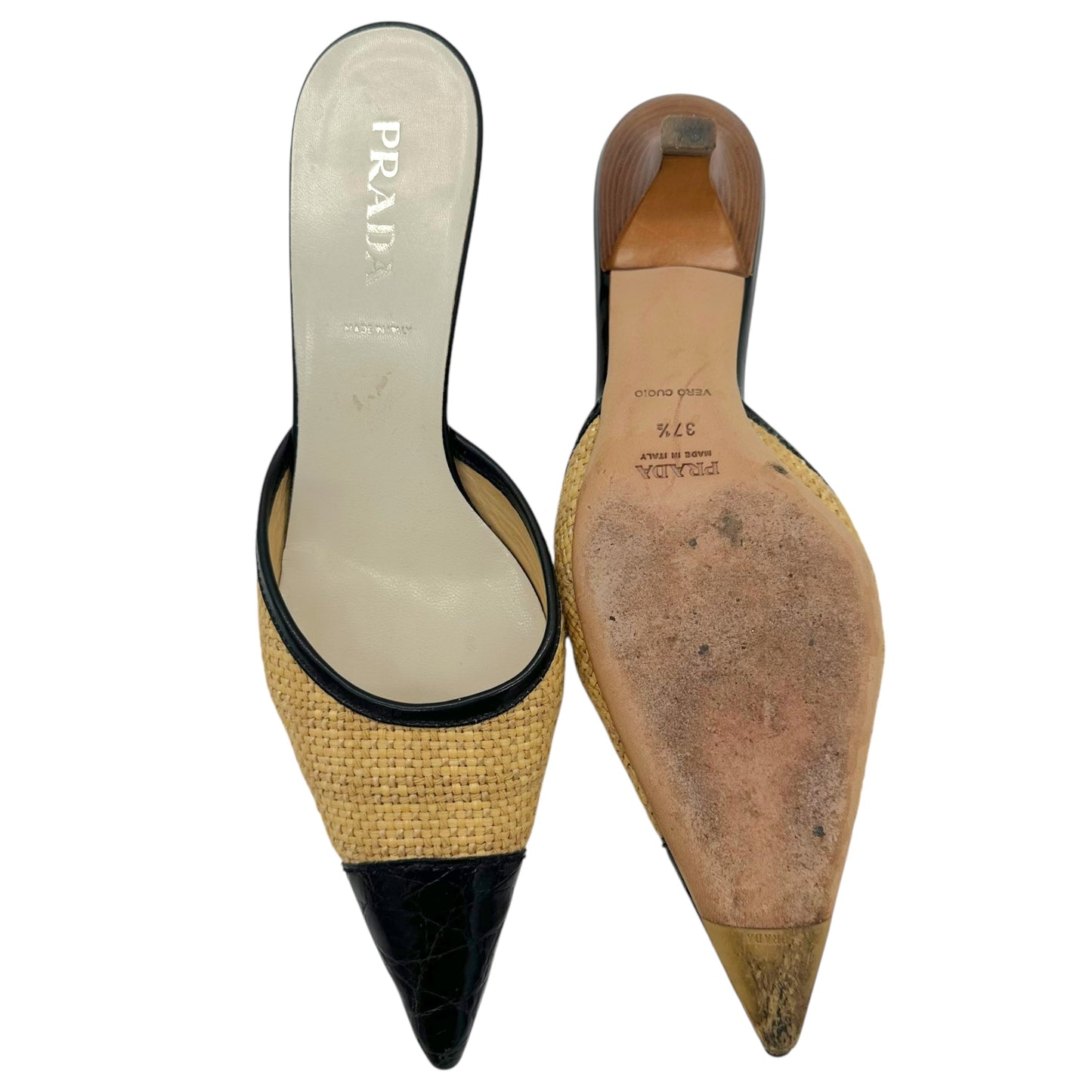 Prada Raffia & Leather Kitten Heel Mules - Outfit Repeater