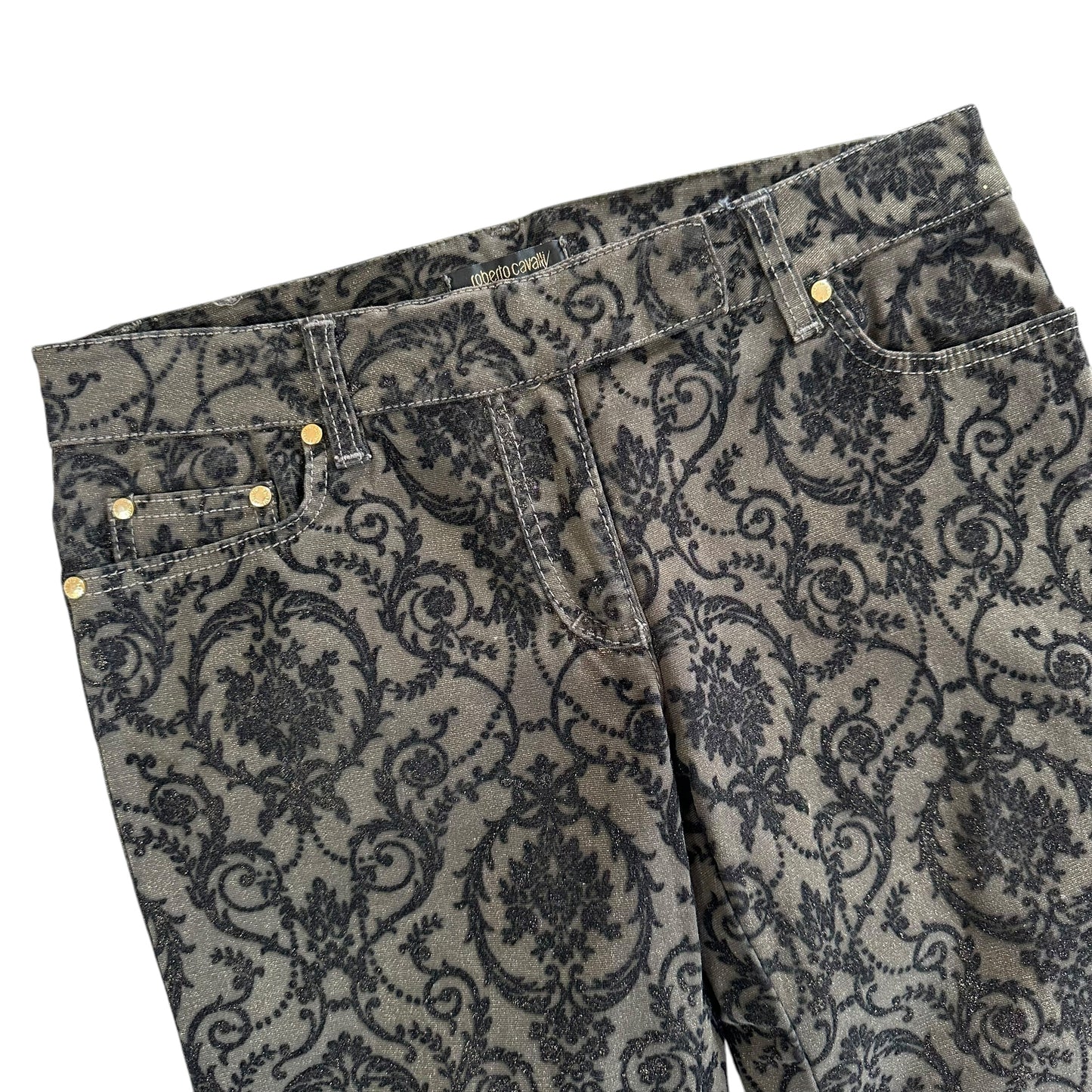 Roberto Cavalli F/W 2006 Black Velvet Damask Printed Flare Pants
