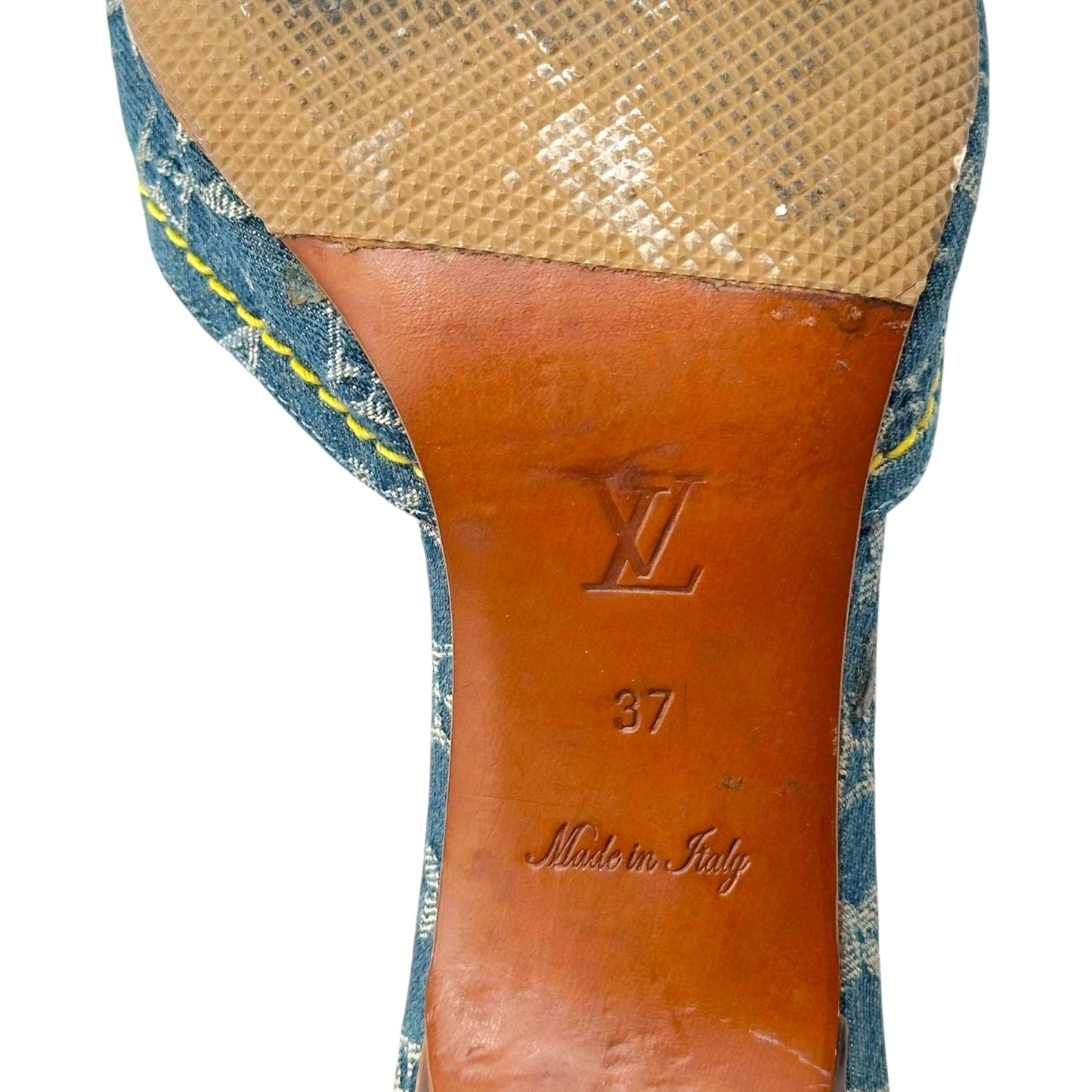Louis Vuitton Denim Monogram Leather Bow Heeled Mule Sandals