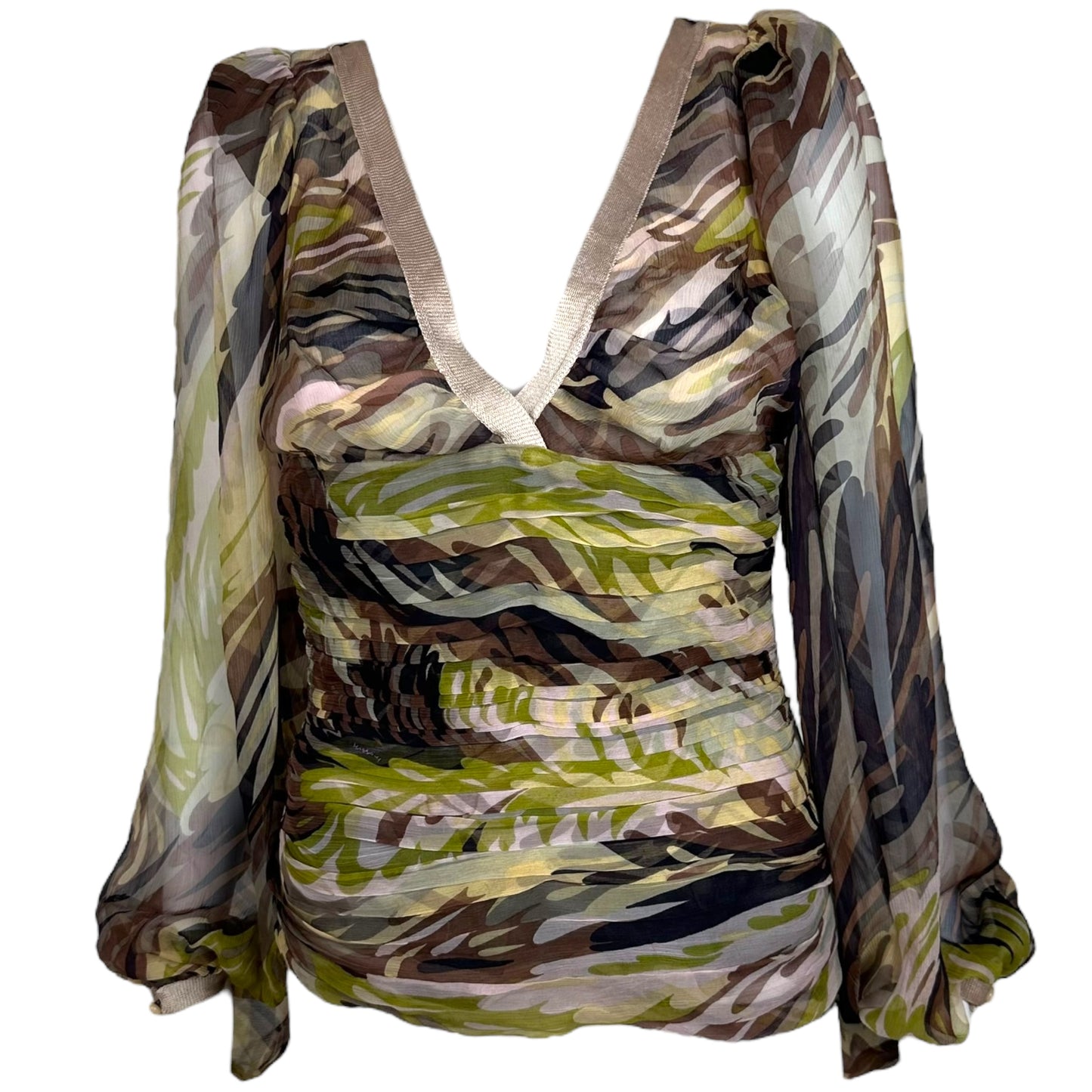 Missoni Silk Camo Print Ruched Puff Sleeve Blouse