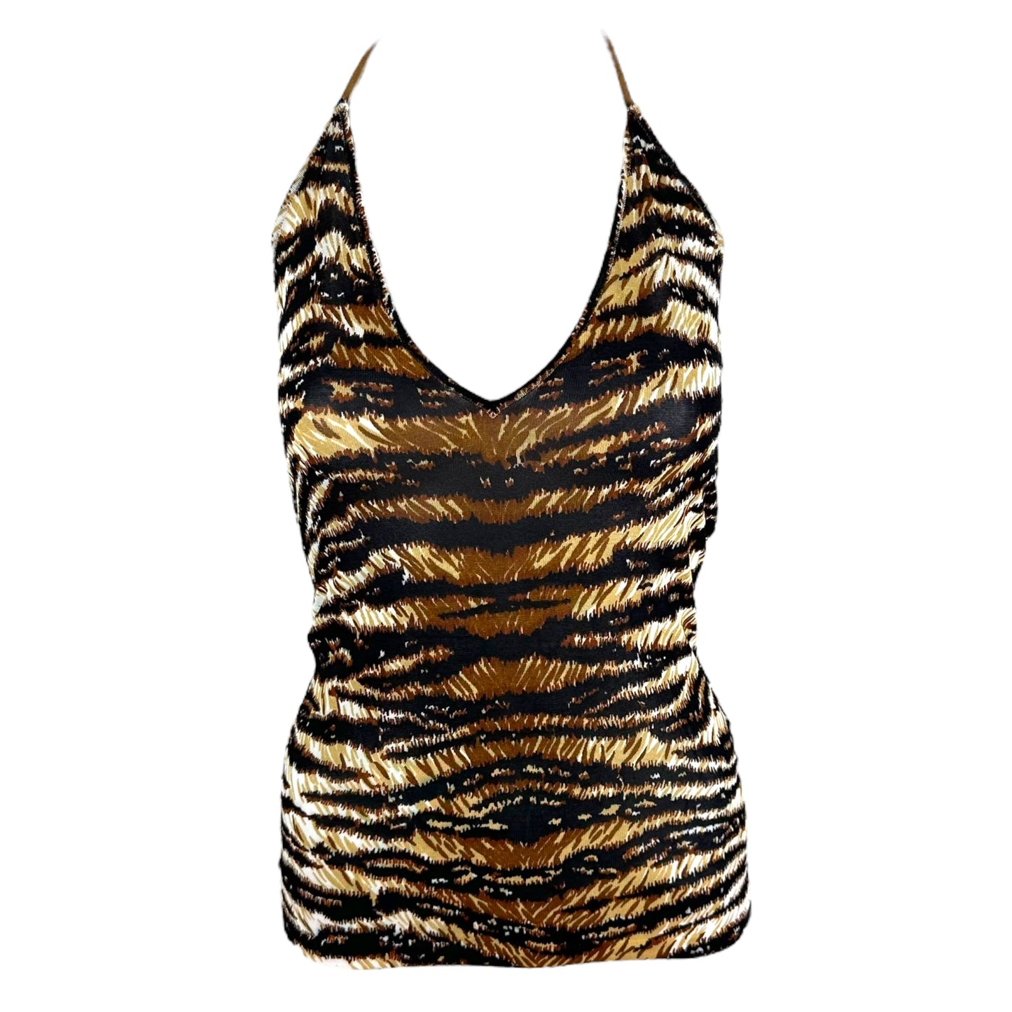 Dolce & Gabbana Tiger Print Knit Suede Strap Halter Tank
