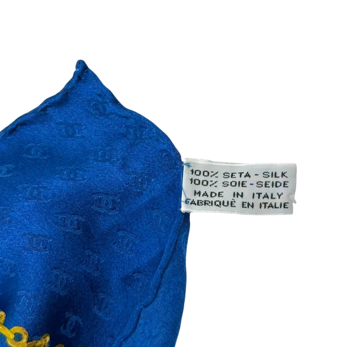 Chanel Silk Square Scarf Royal Blue Gold Jewelry Print
