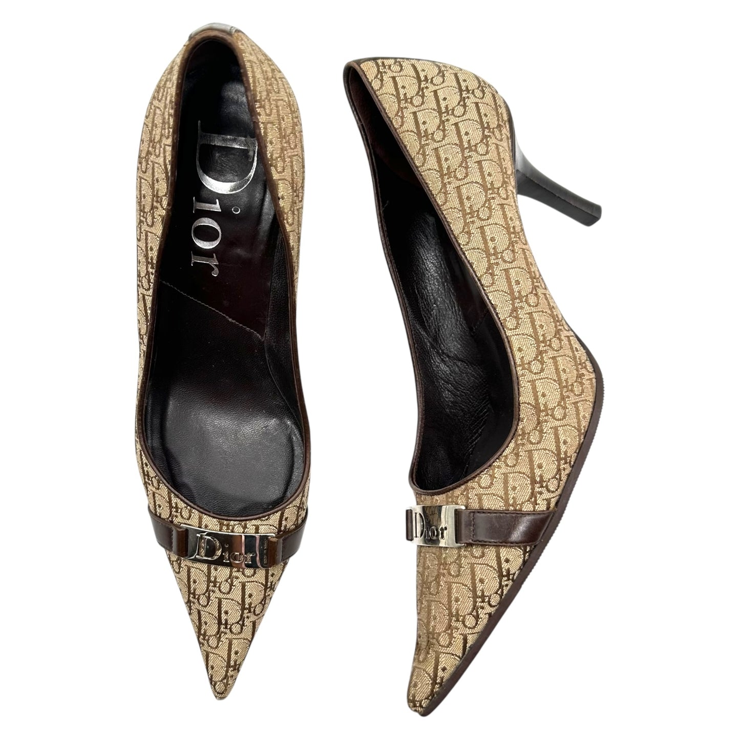 Christian Dior Tan Monogram Logo Plate Pointed Toe Heels