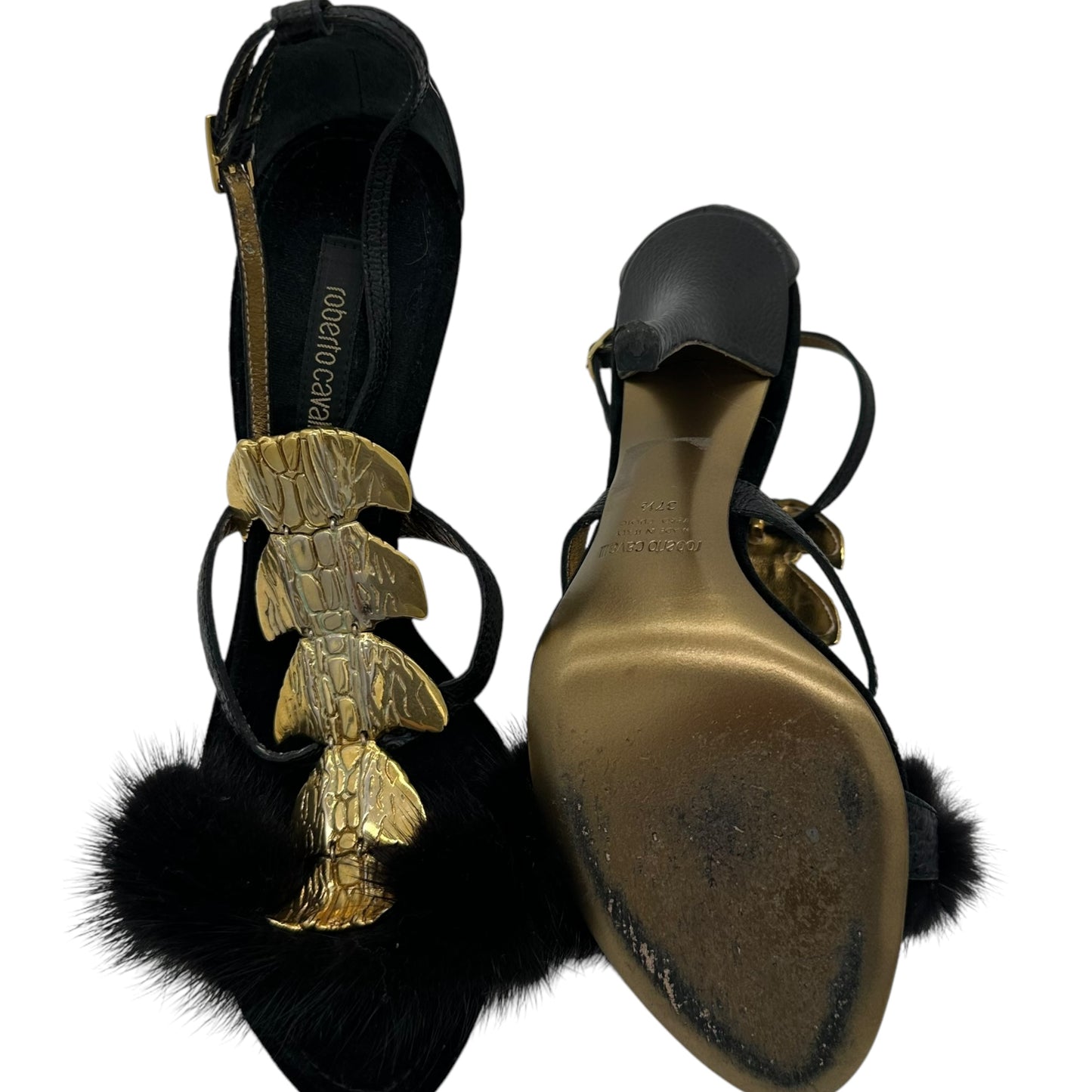 Roberto Cavalli Gold & Black Mink Trim Heeled Sandals - Outfit Repeater
