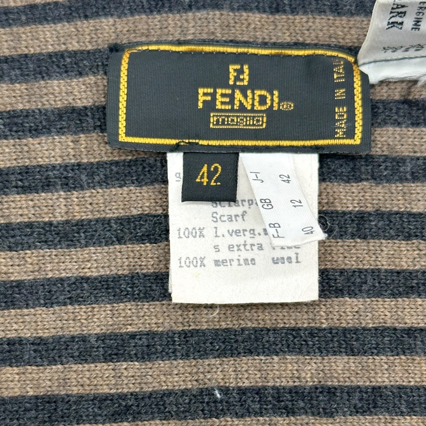 Fendi Gray & Tan Zucca Logo Striped Wool Scarf