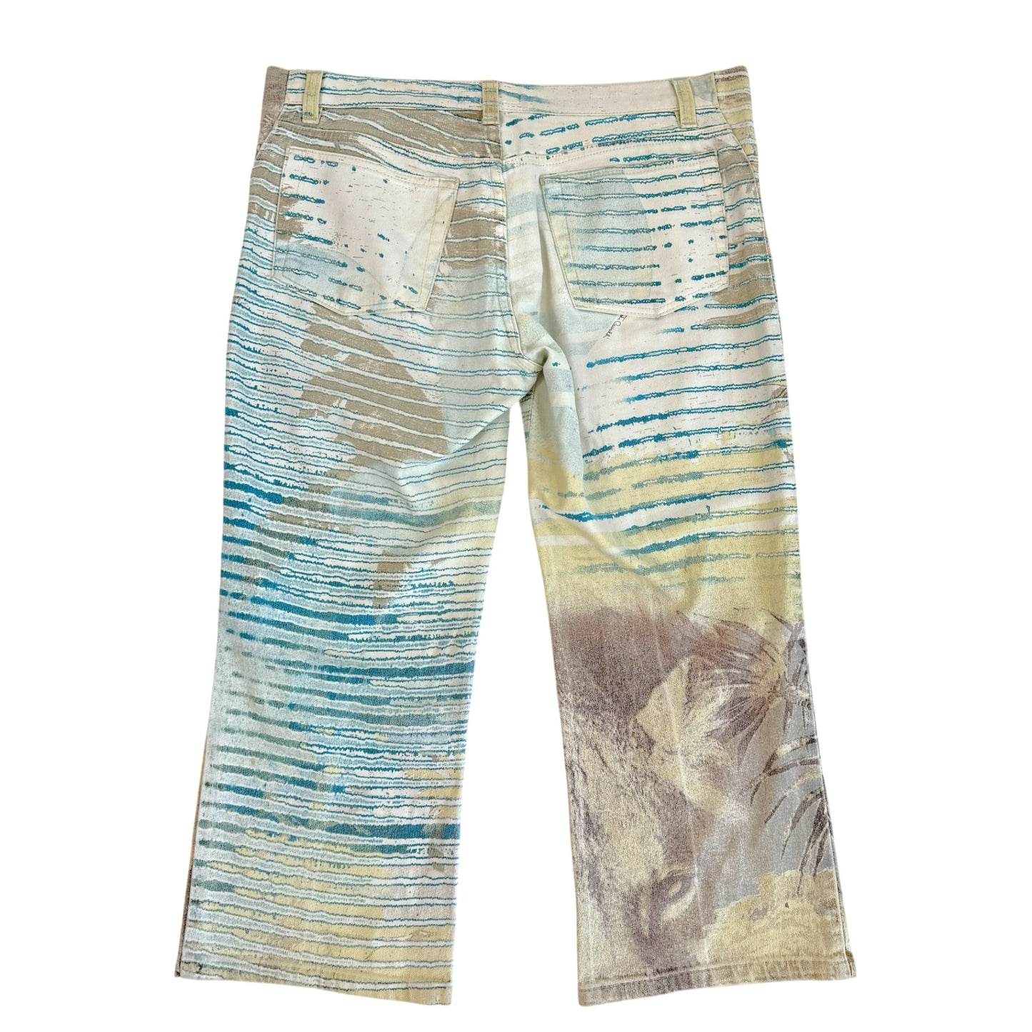 Roberto Cavalli Blue & Green Stripe Printed Denim Capri Pants
