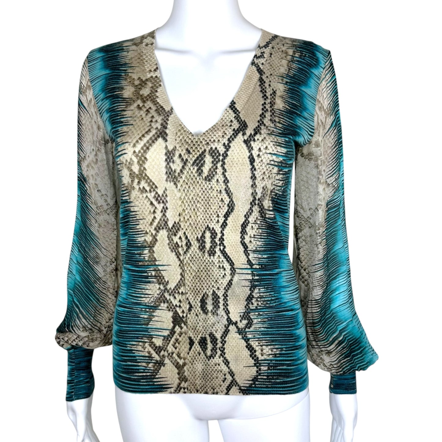 Roberto Cavalli Blue Snakeskin Print Silk Knit Sweater