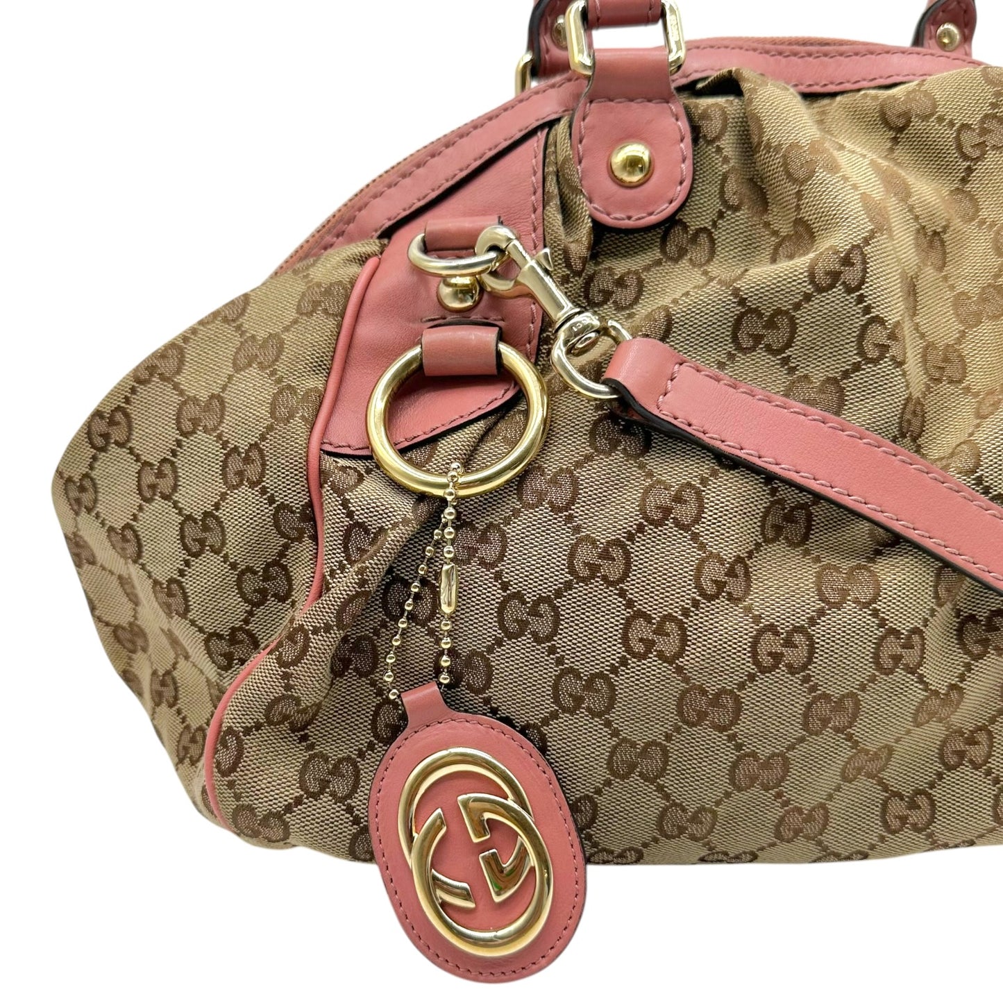 Gucci Tan Monogram & Pink Leather Sukey 2-Way Bowler Bag