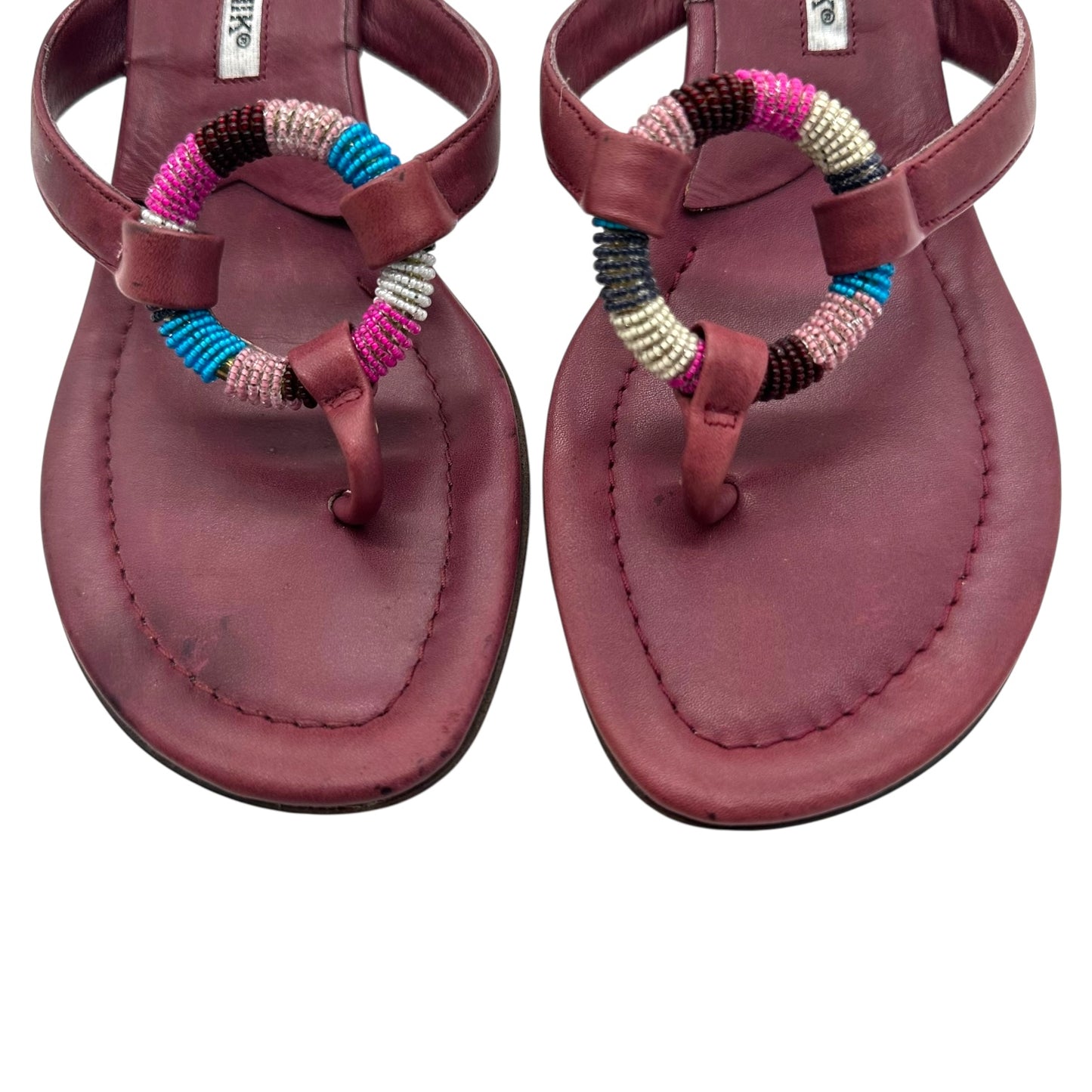 Manolo Blahnik Burgundy Beaded Flip Flop Kitten Heels