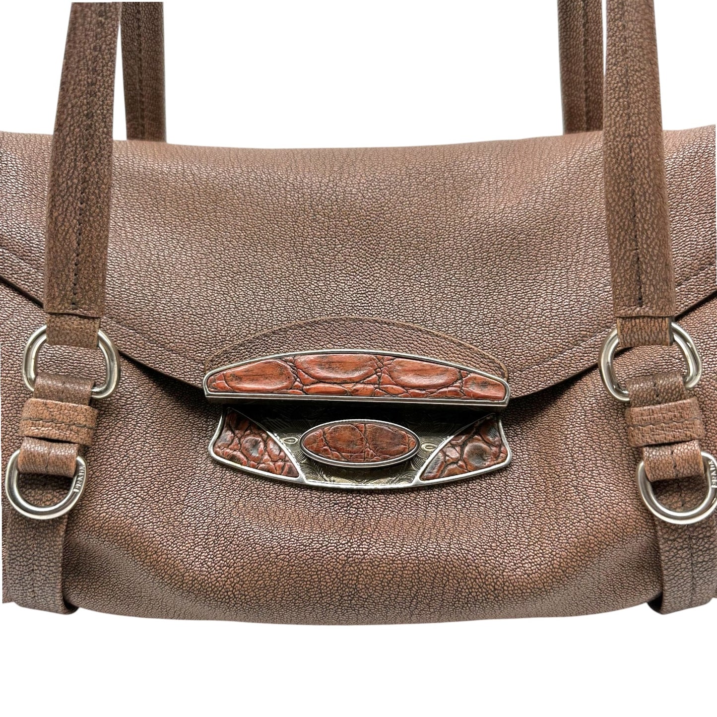 Prada Mauve Etched Metal & Croc Buckle East-West Leather Shoulder Bag