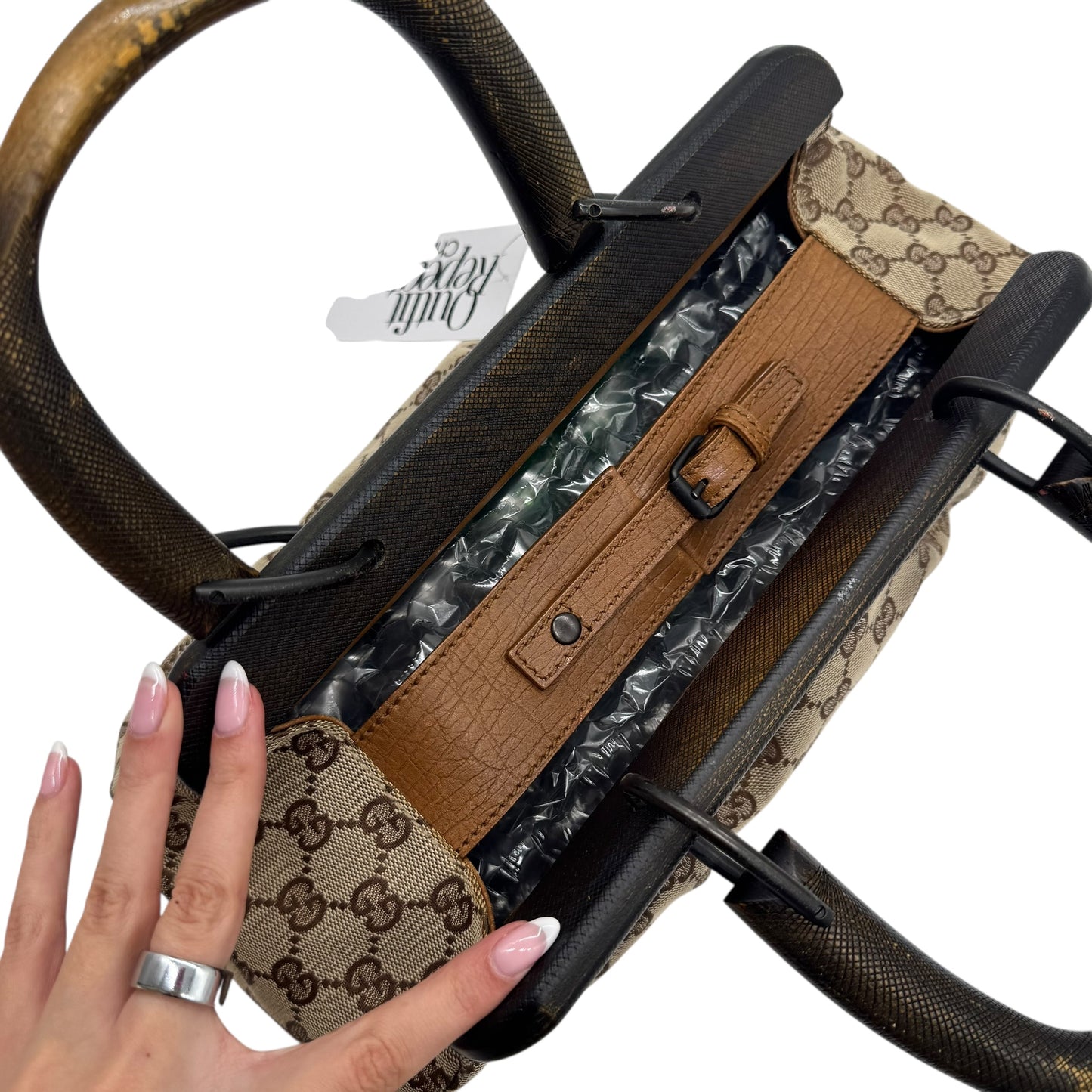 Gucci East-West Bag Tan Monogram Canvas Wooden Frame