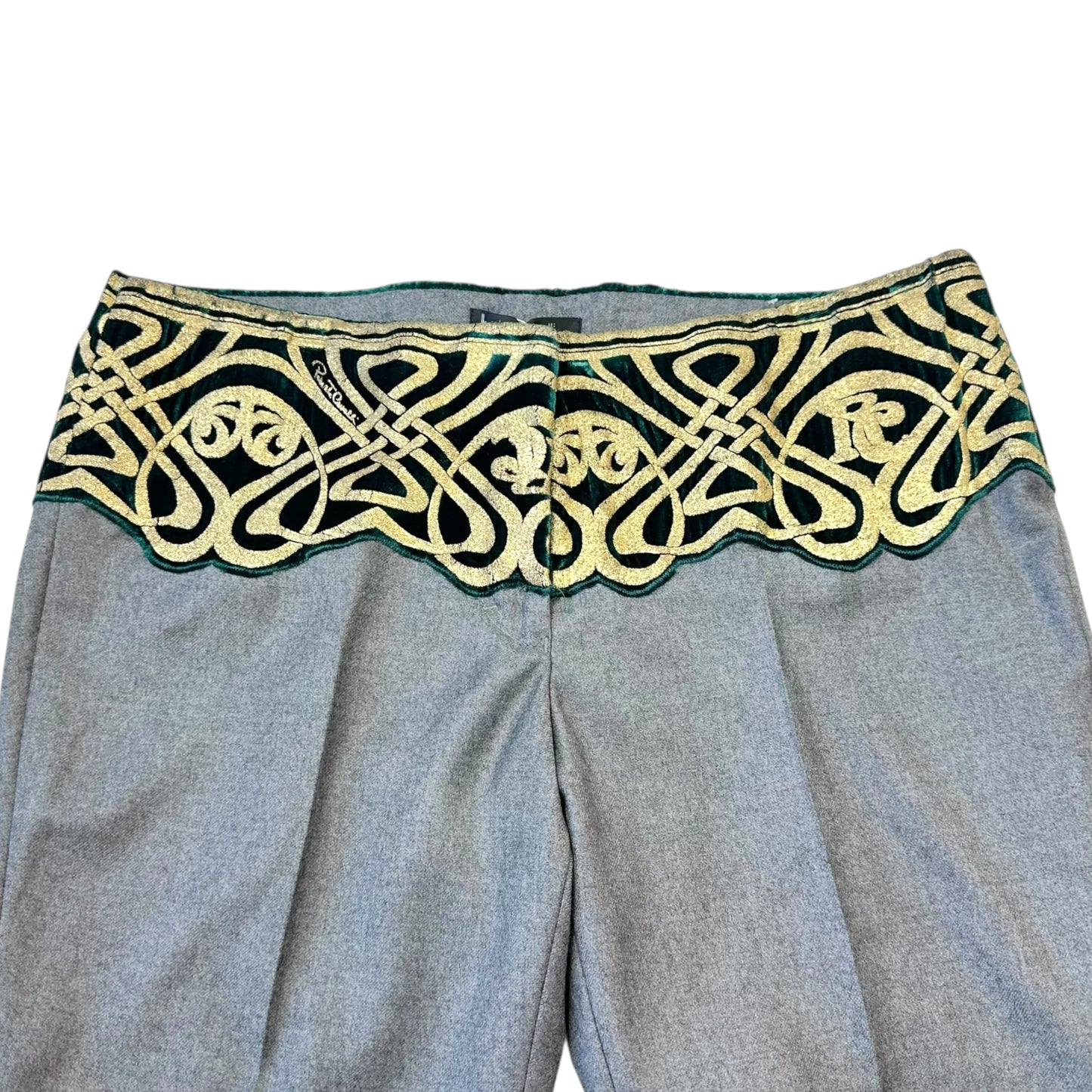 Roberto Cavalli F/W 2006 Green & Gold Velvet Trim Wool Pants NEW