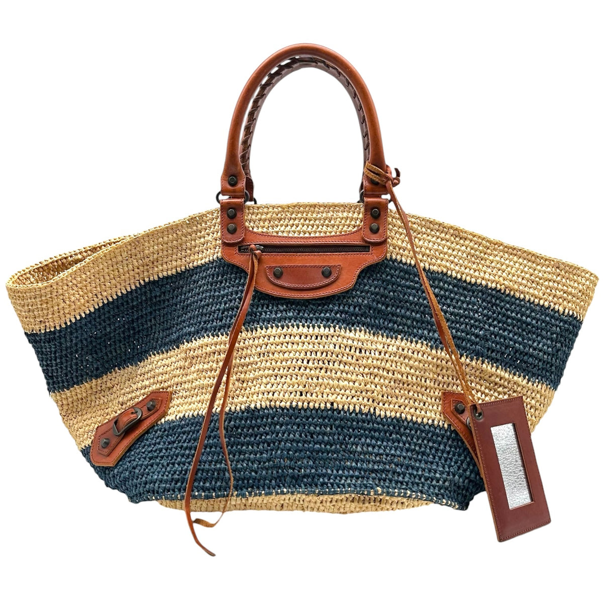 Balenciaga Raffia Beach Tote Bag Navy Blue Beige Stripes