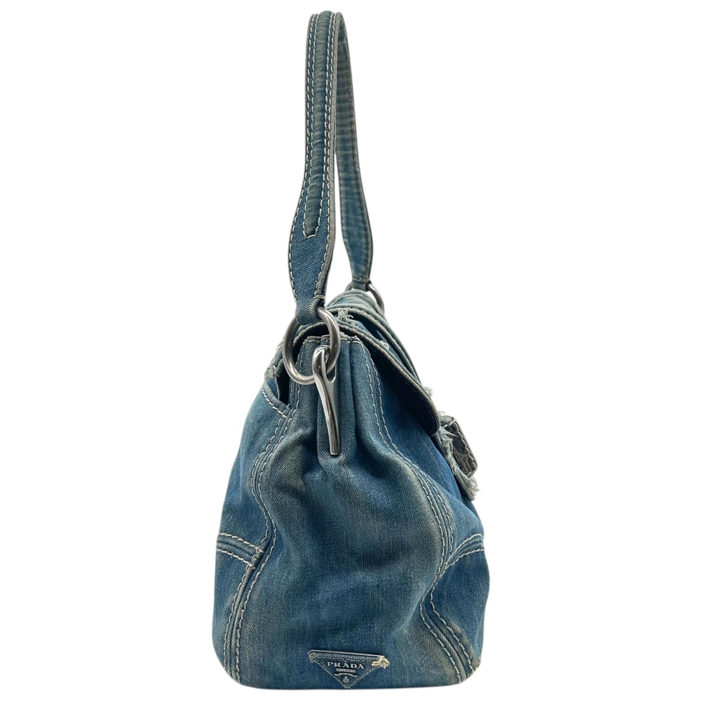 Prada Distressed Denim Turnlock Shoulder Bag