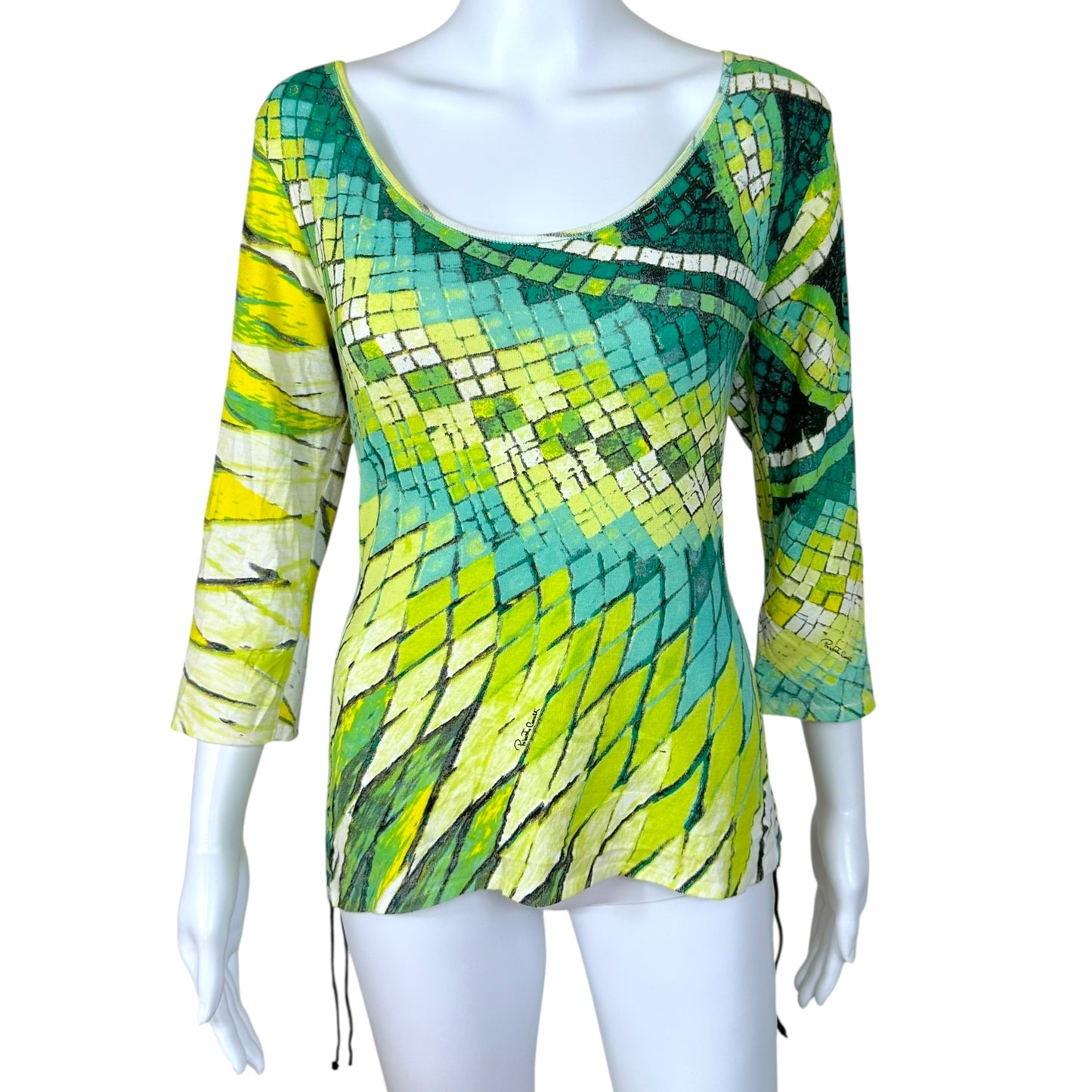 Roberto Cavalli S/S 2004 Green Lace Up Off Shoulder Feather Print Top