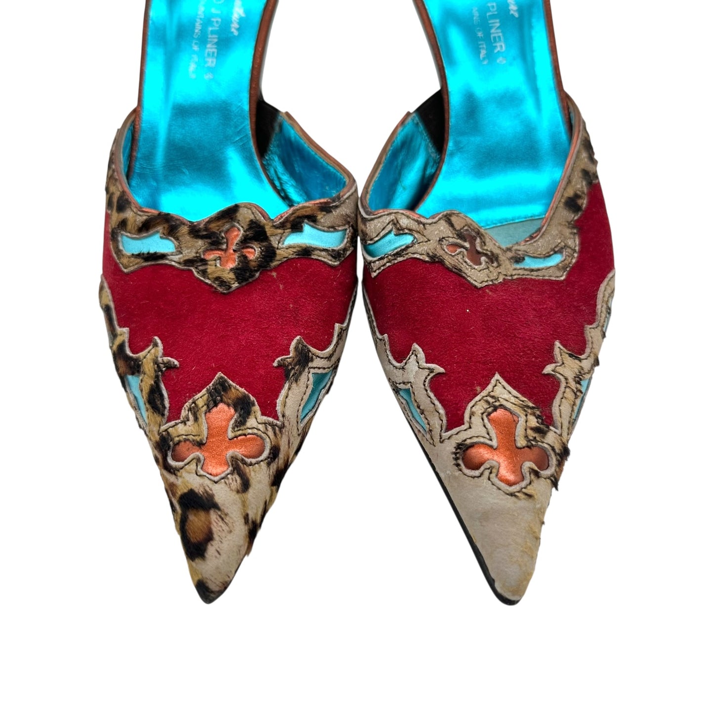 Donald Pliner Couture Red Suede Leopard Ponyhair Trim Mule Heels
