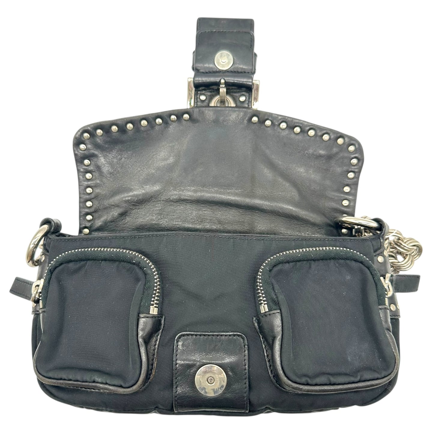 Prada Black Leather Studded Buckled Mini Shoulder Bag