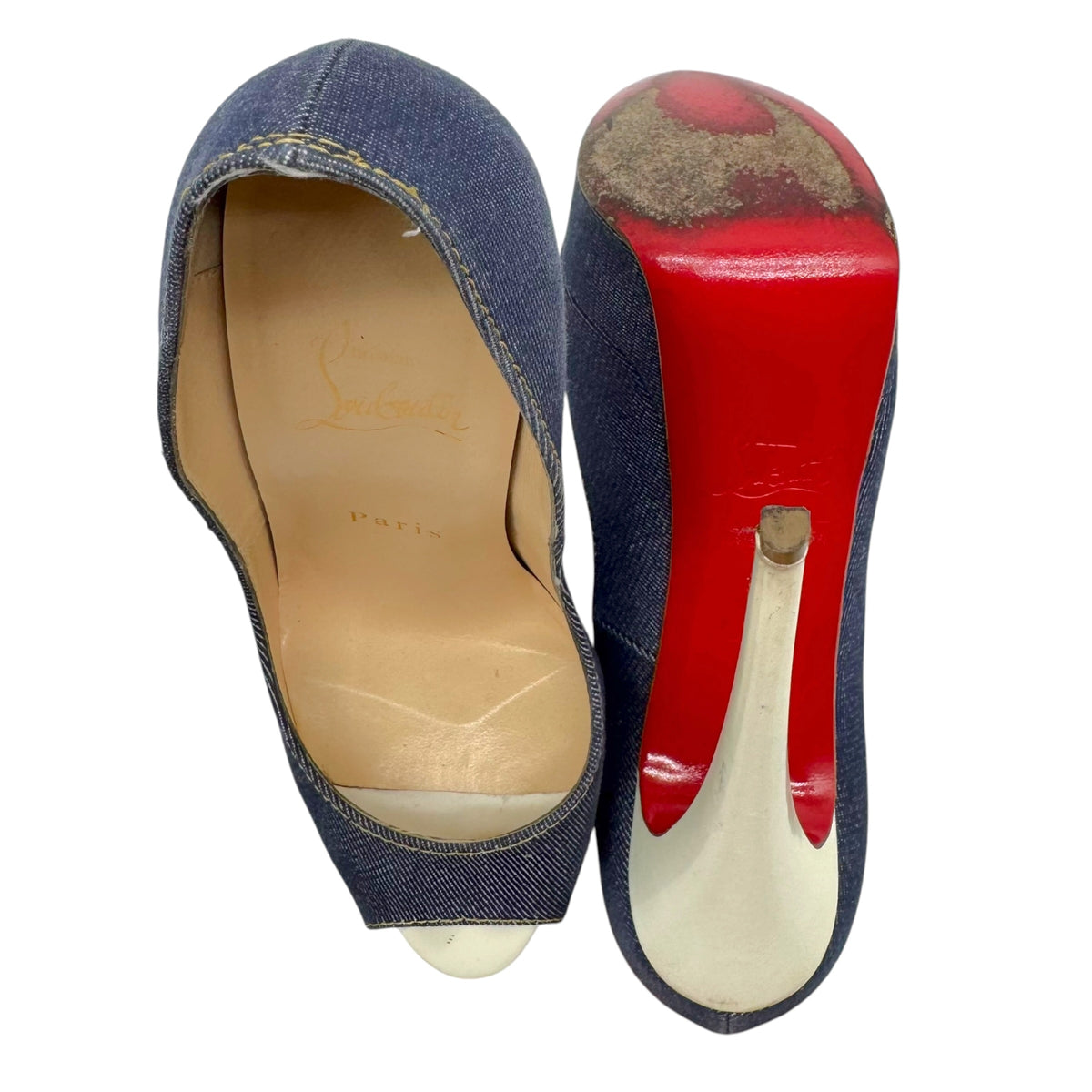 Christian Louboutin Denim & White Leather Peep Toe Platform Pumps