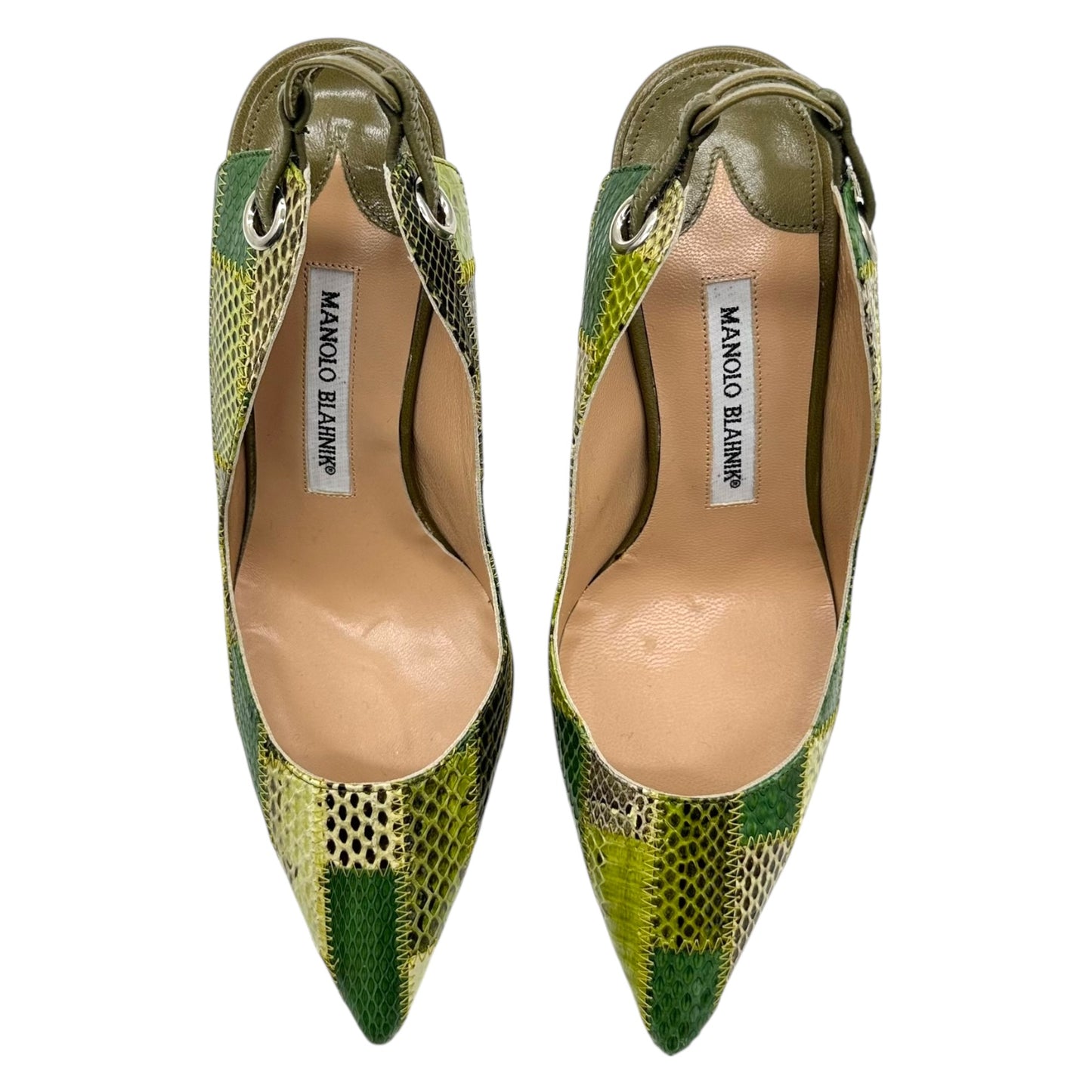 Manolo Blahnik Green Patchwork Snakeskin Heels