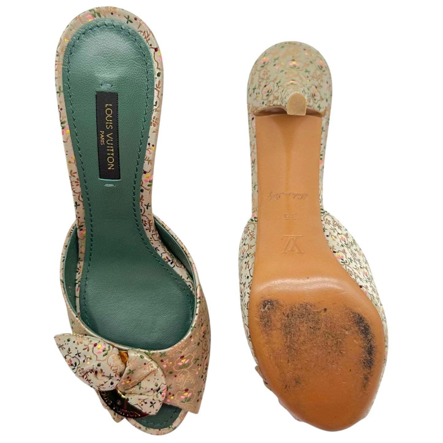 Louis Vuitton Pastel Floral Print Silk Heeled Mule Sandals