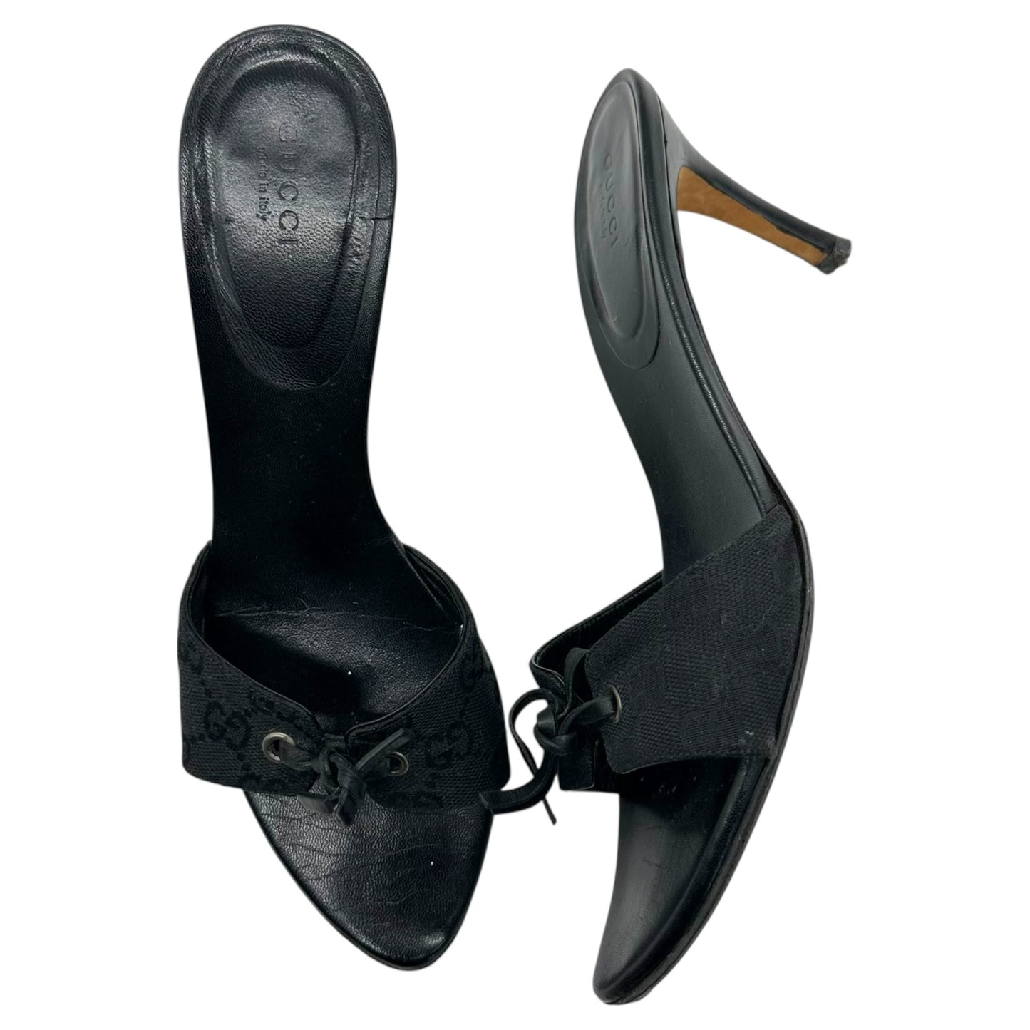 Gucci Black Leather Tie Monogram Mule Heels