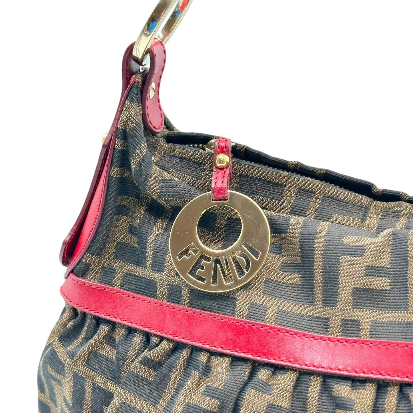 Fendi Zucca Monogram Shoulder Bag Red Leather Trim