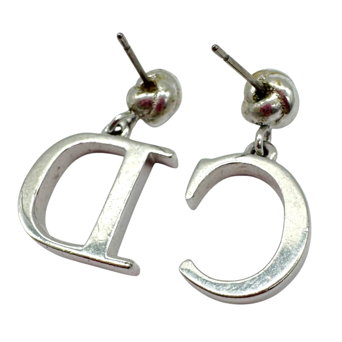 Christian Dior Silver Logo Dangly Stud Earrings