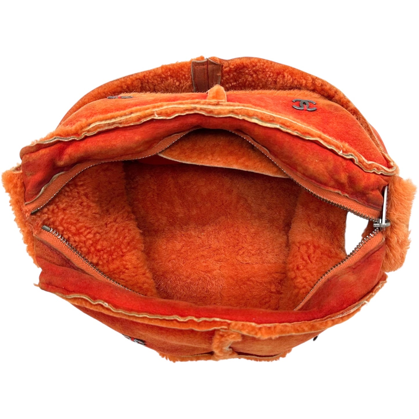 Chanel Orange Shearling Logo Shoulder Bag