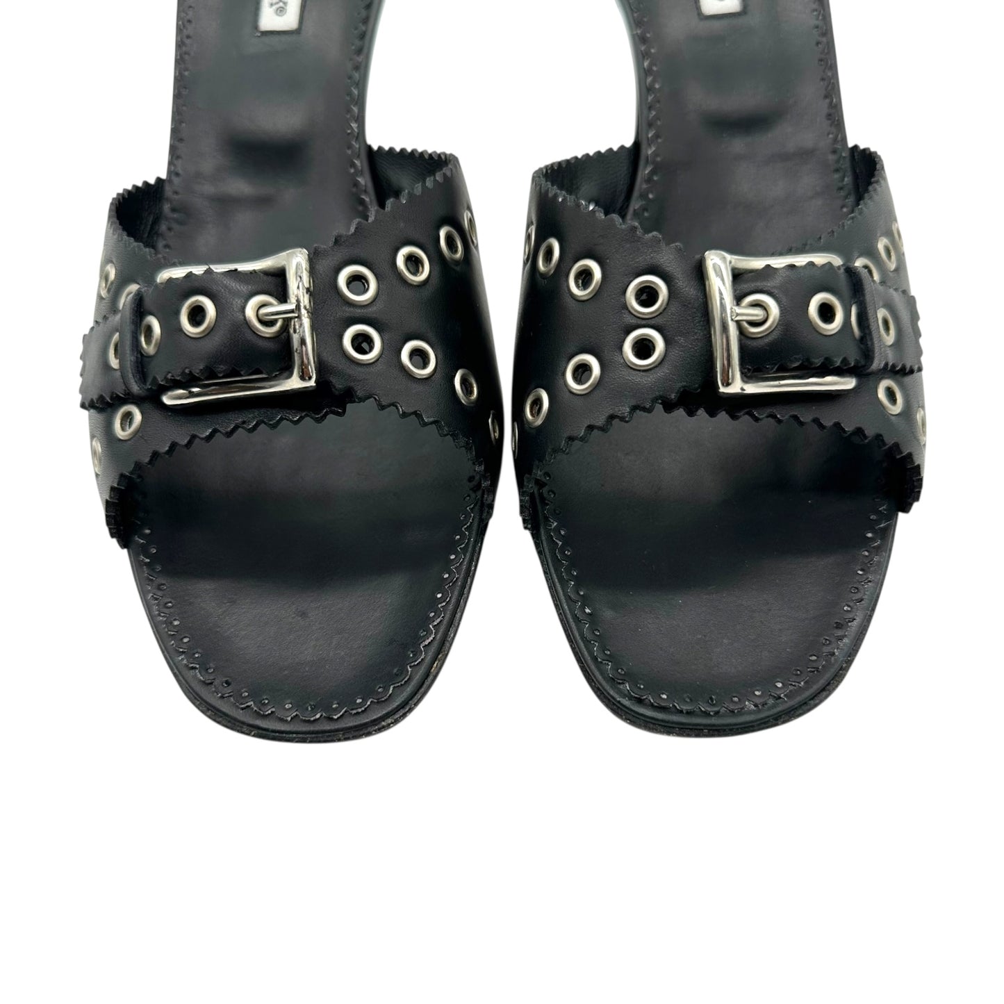 Manolo Blahnik Black Rivet Buckled Kitten Heel Mules
