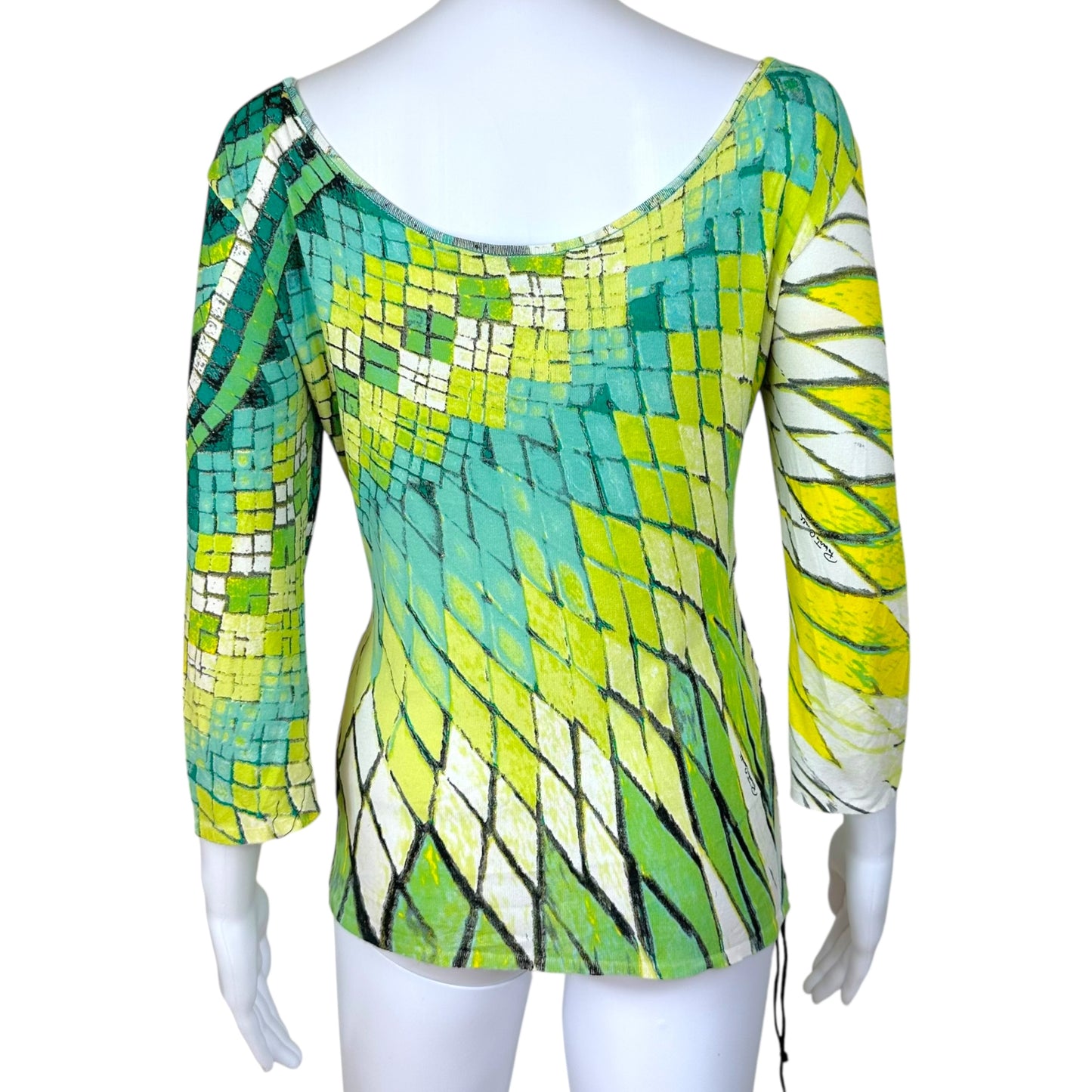 Roberto Cavalli S/S 2004 Green Lace Up Off Shoulder Feather Print Top