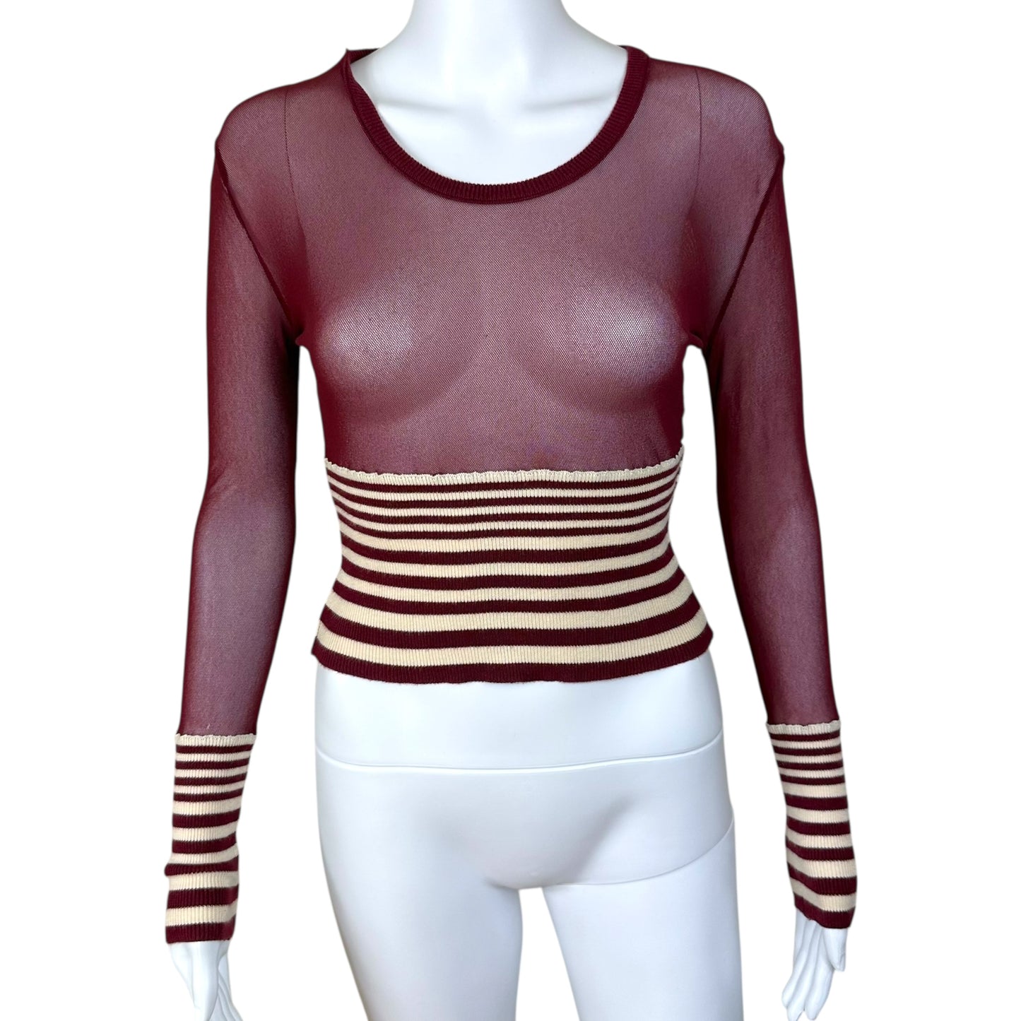 Jean Paul Gaultier Burgundy Striped Mesh Crop Longsleeve
