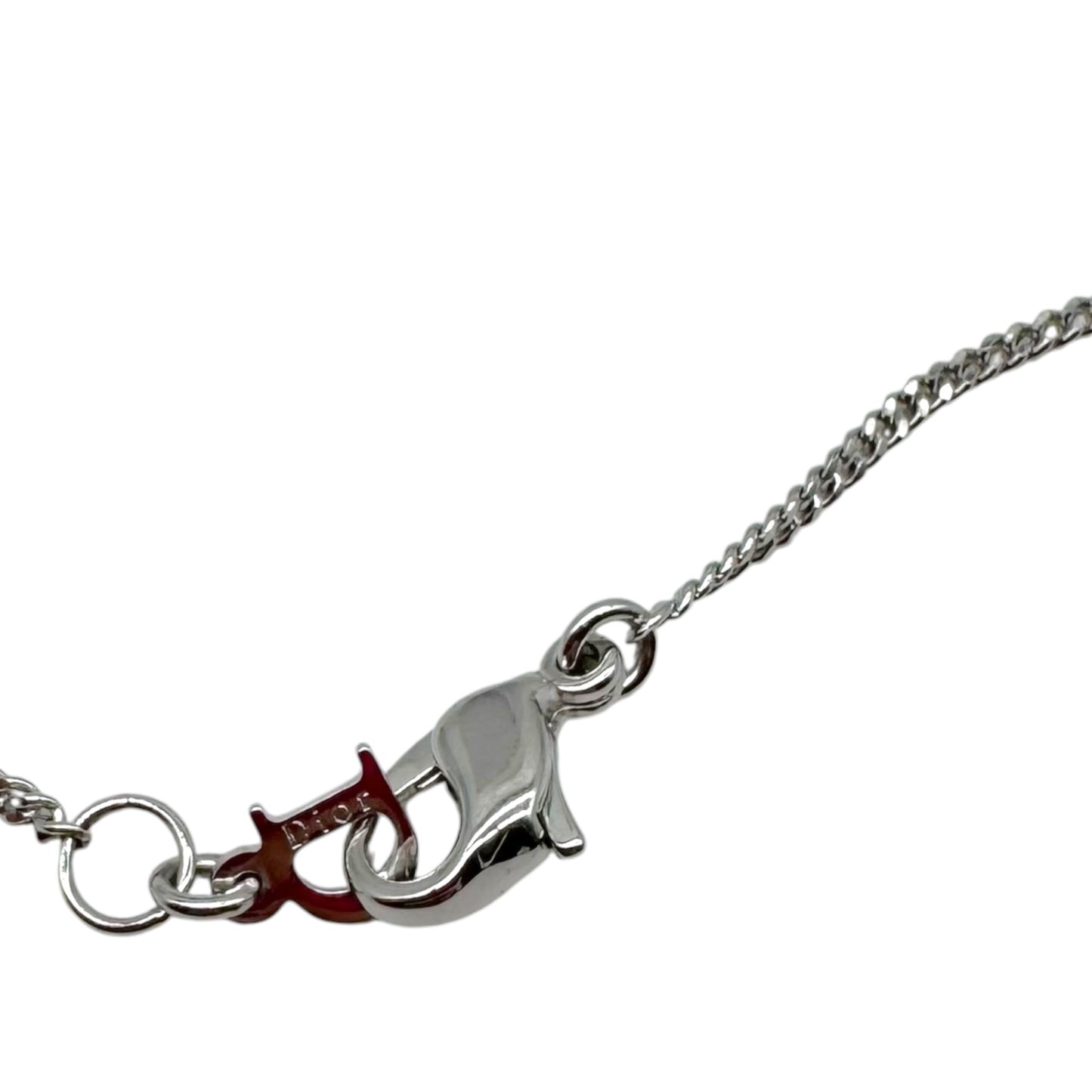 Christian Dior Silver Crystal D Buckle Logo Charm Necklace
